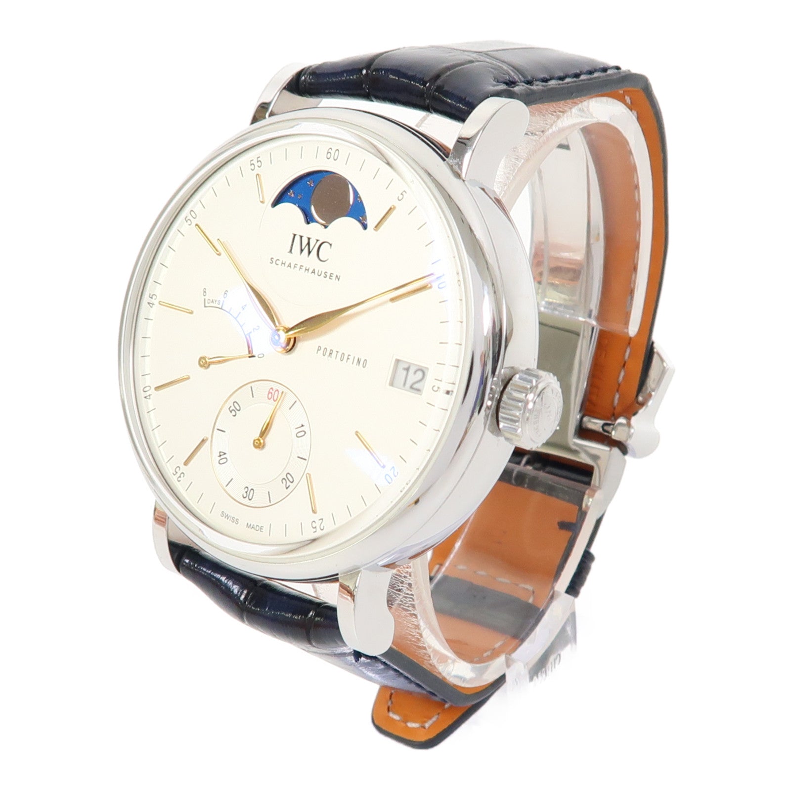 IWC Portofino Hand-Wound Moon Phase不鏽鋼/皮革帶手錶自動機芯白色