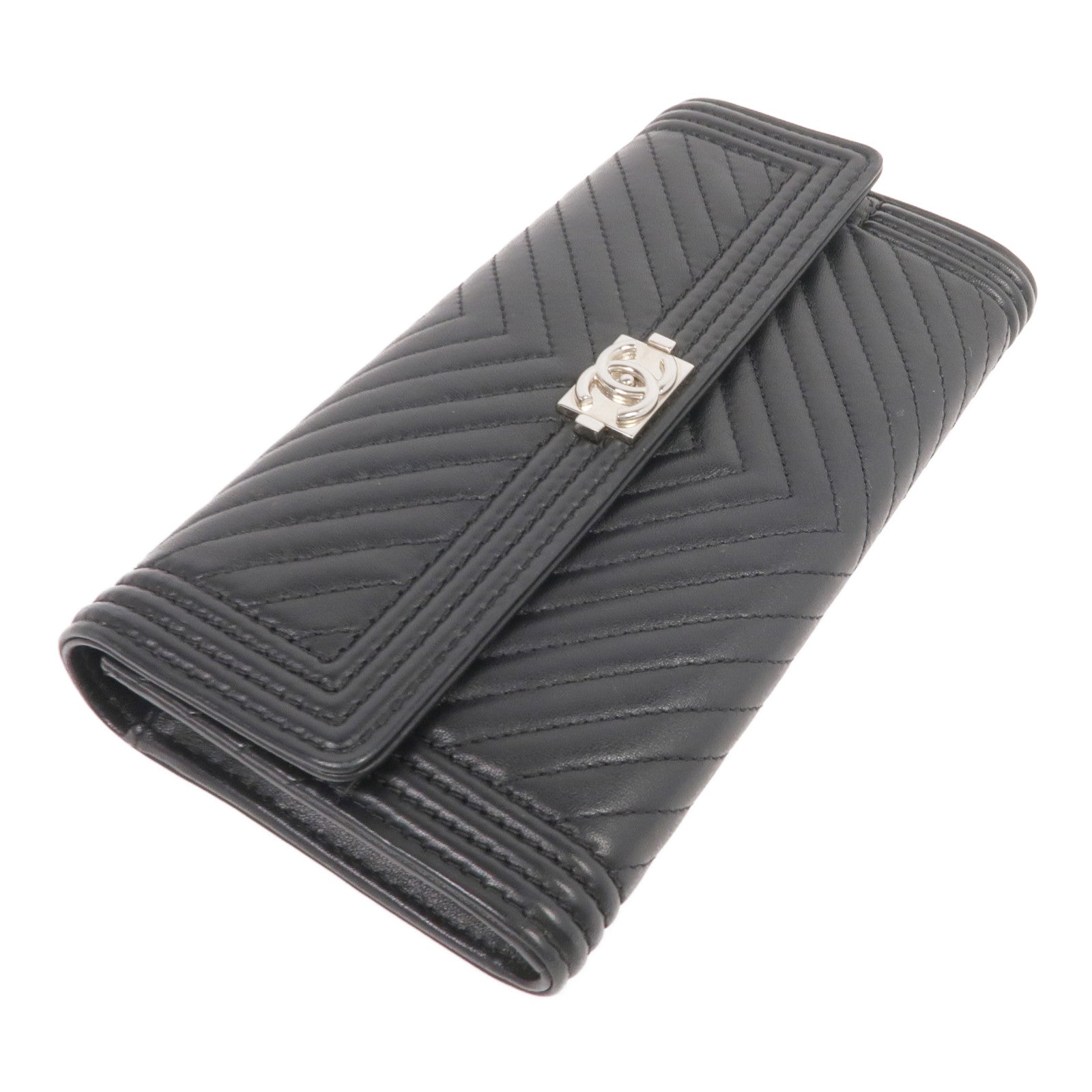 CHANEL 羊皮皮革Long Wallet銀扣長錢包