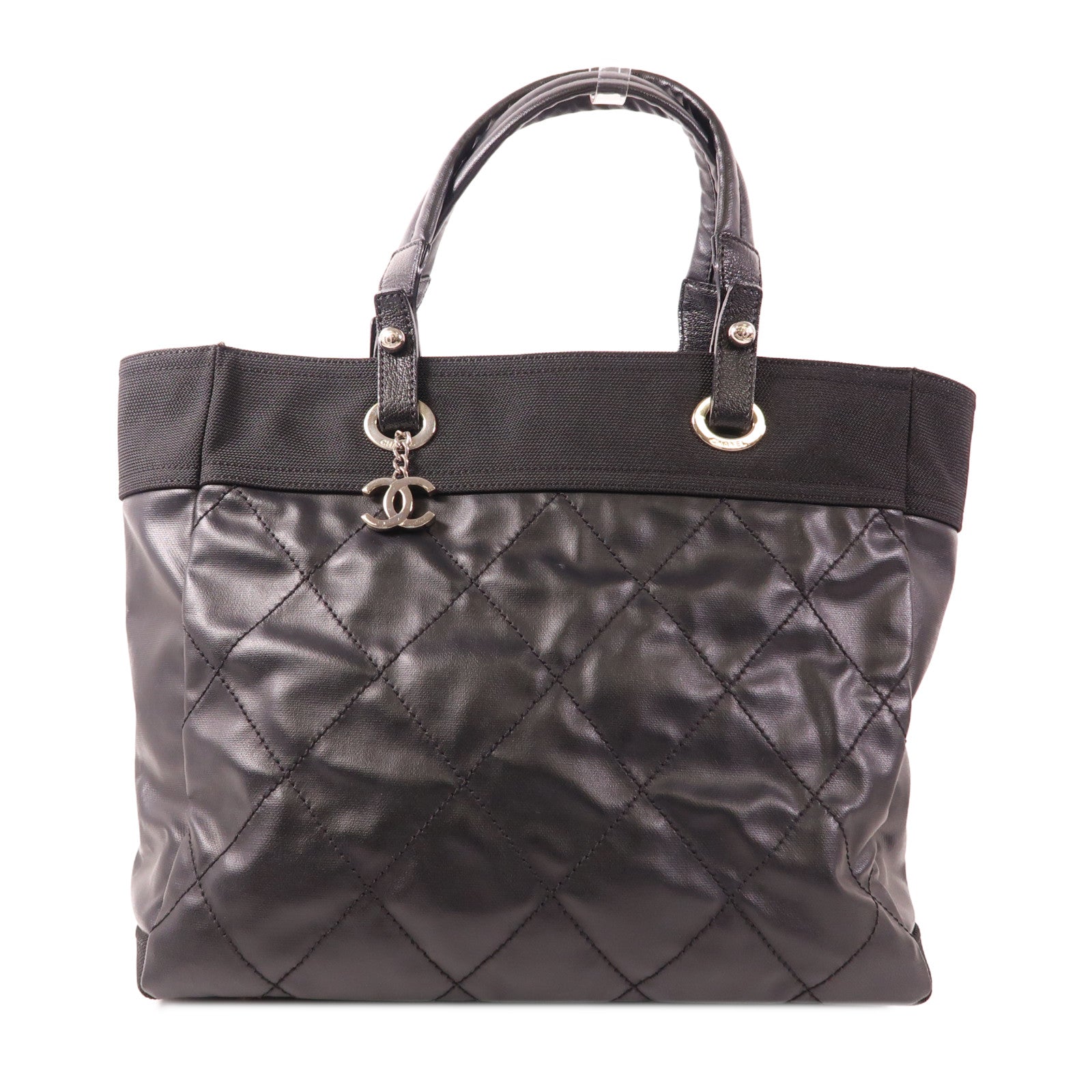 CHANEL 塗層帆布Biarritz MM銀扣手挽袋