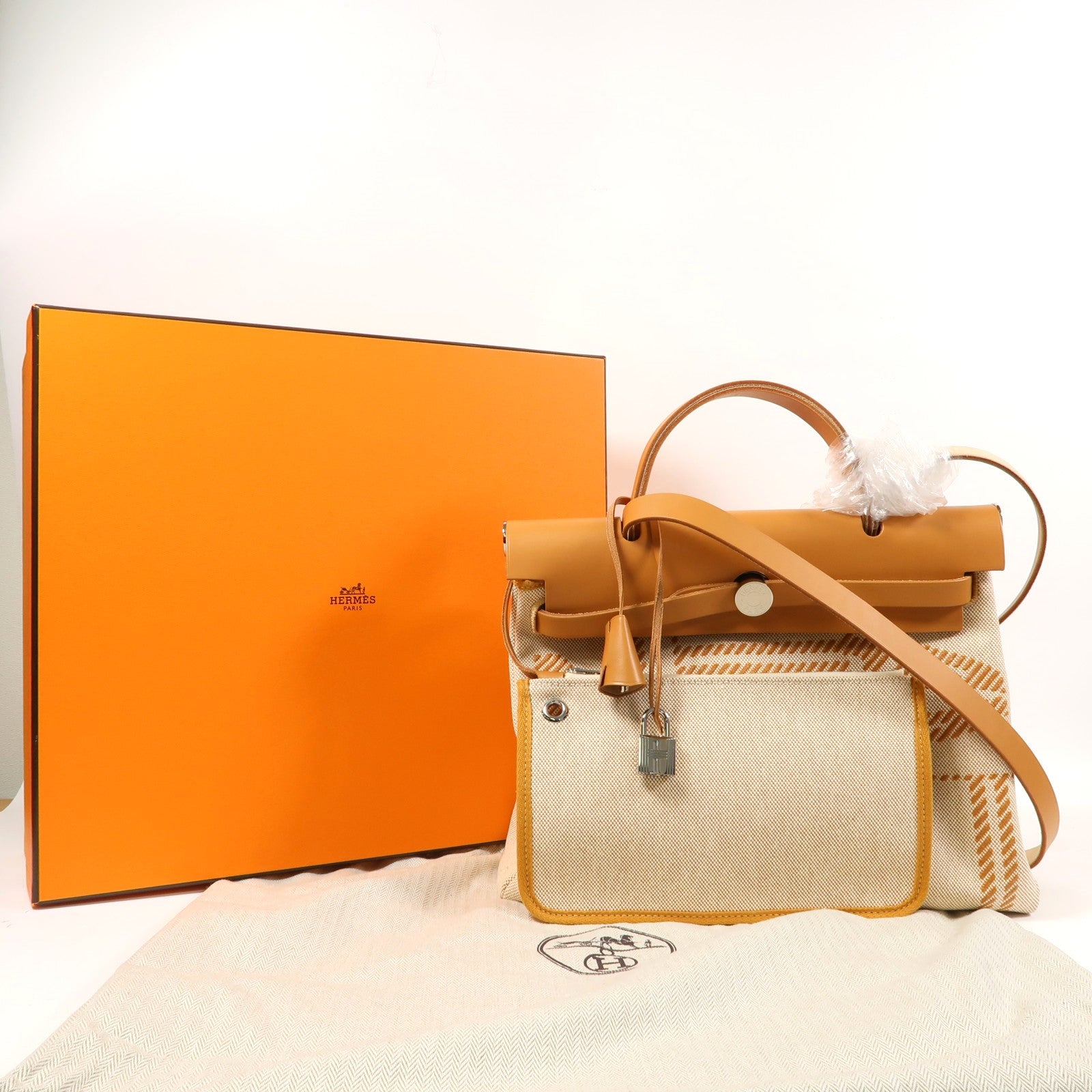 HERMES 帆布Herbag PM銀扣手挽肩背兩用袋米色/啡色