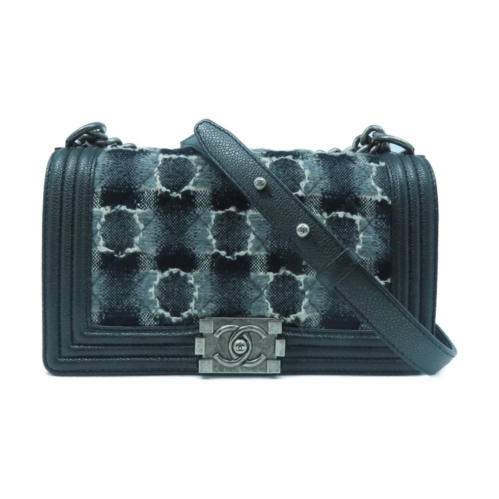 CHANEL Rhombus Leather/Canvas Boy Shoulder Bag Silver Buckle Chain Shoulder Bag Black/White