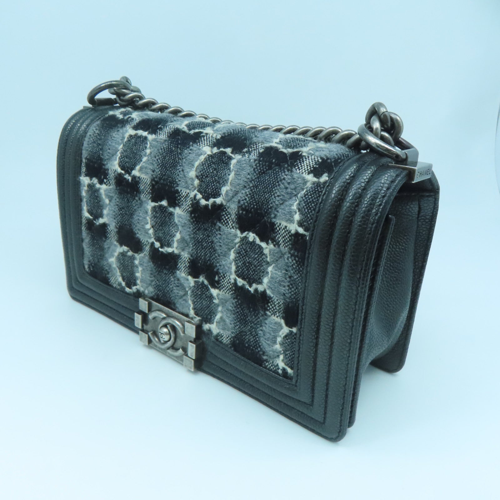 CHANEL Rhombus Leather/Canvas Boy Shoulder Bag Silver Buckle Chain Shoulder Bag Black/White