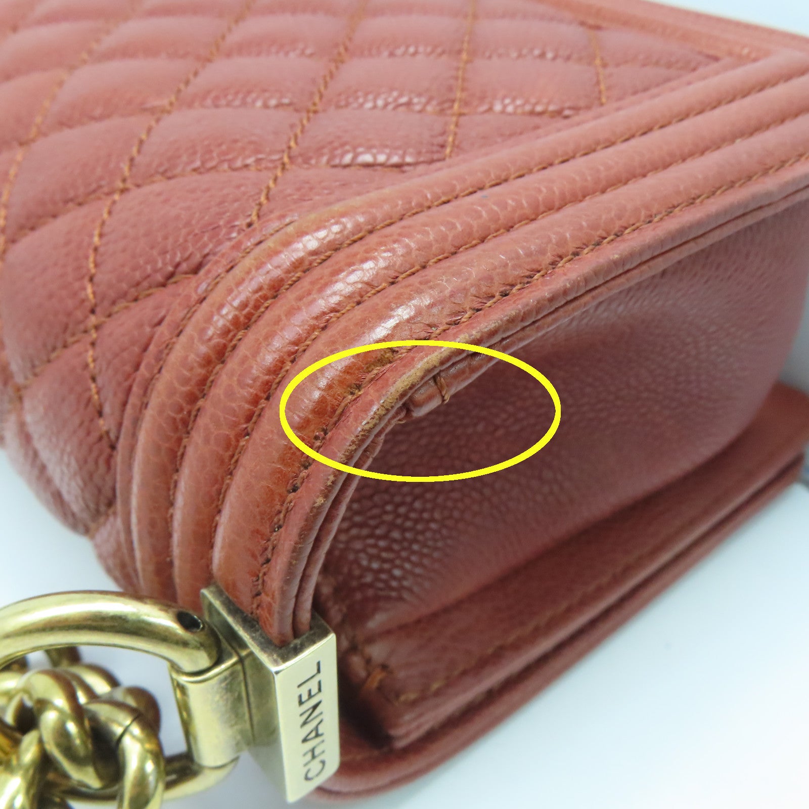 CHANEL Rhombus Caviar Leather Chanel Boy Gold Buckle Chain Shoulder Bag Brown
