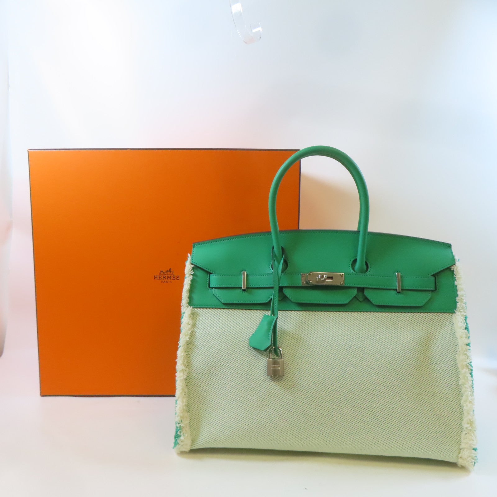 HERMES Swift皮革/帆布Birkin 35 Fray Fray銀扣手挽袋綠色/白色