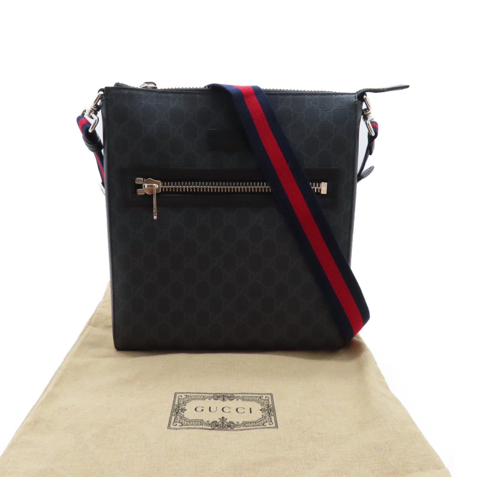 GUCCI 塗層帆布GG Messenger銀扣肩背袋黑色