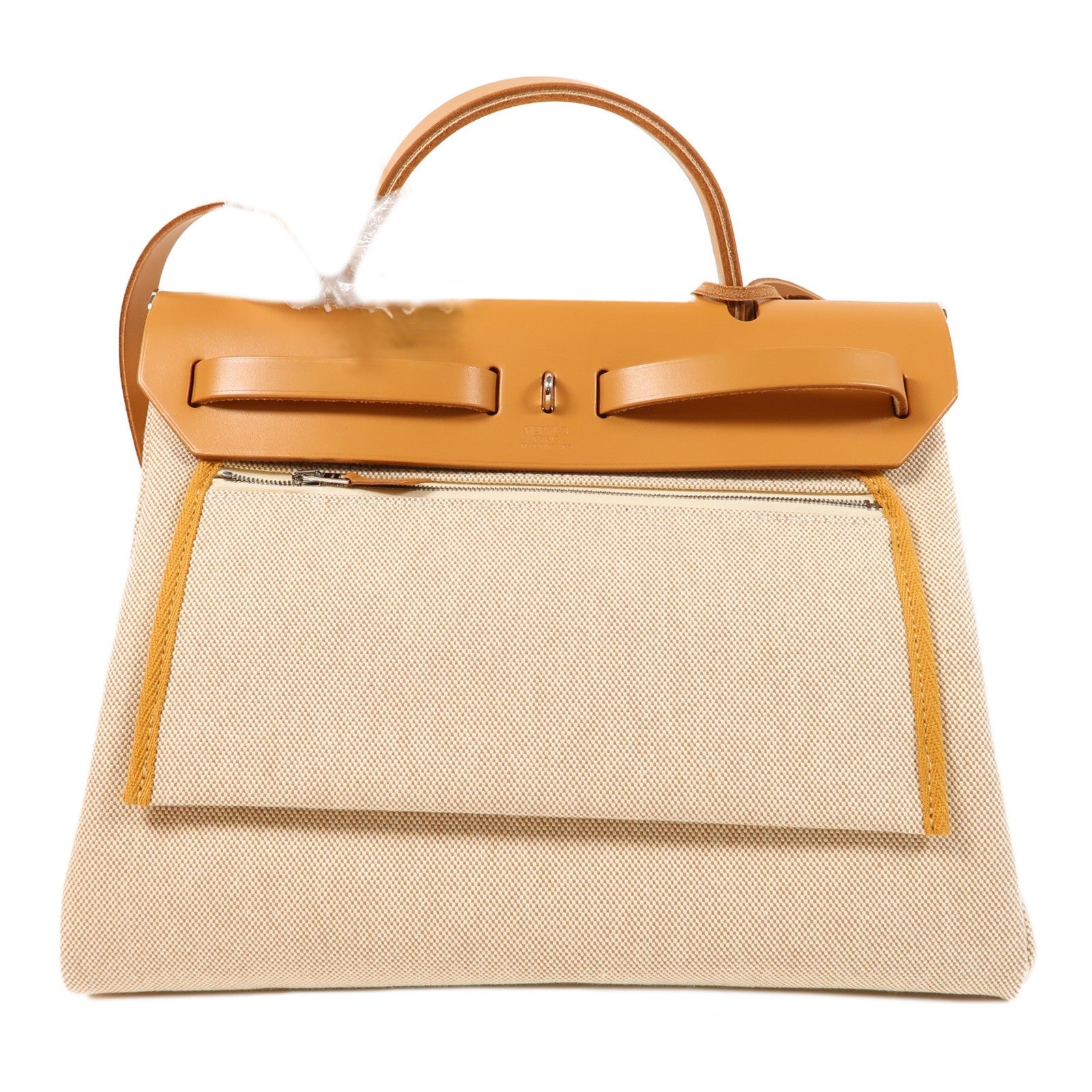 HERMES 帆布Herbag PM銀扣手挽肩背兩用袋米色/啡色