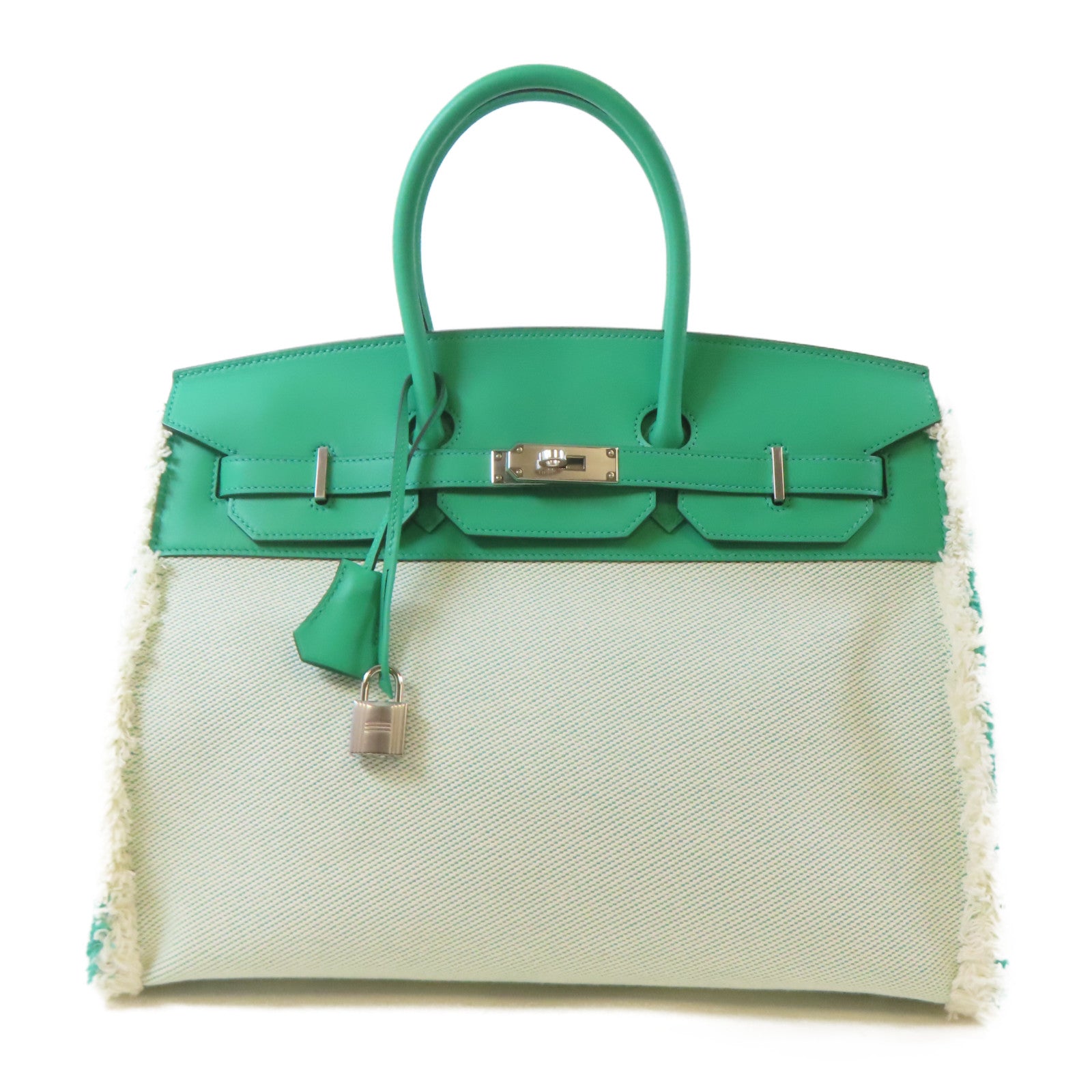 HERMES Swift皮革/帆布Birkin 35 Fray Fray銀扣手挽袋綠色/白色