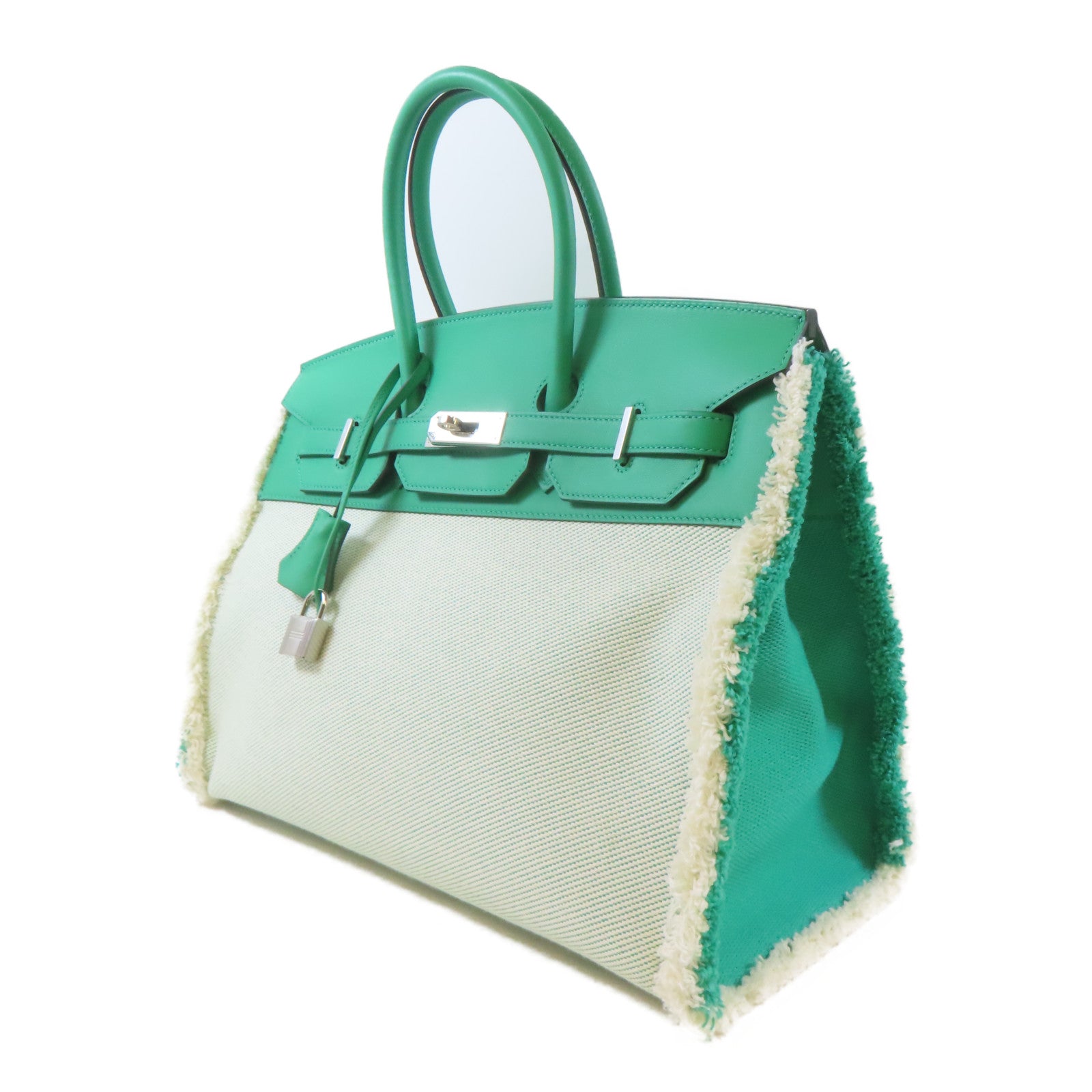 HERMES Swift皮革/帆布Birkin 35 Fray Fray銀扣手挽袋綠色/白色