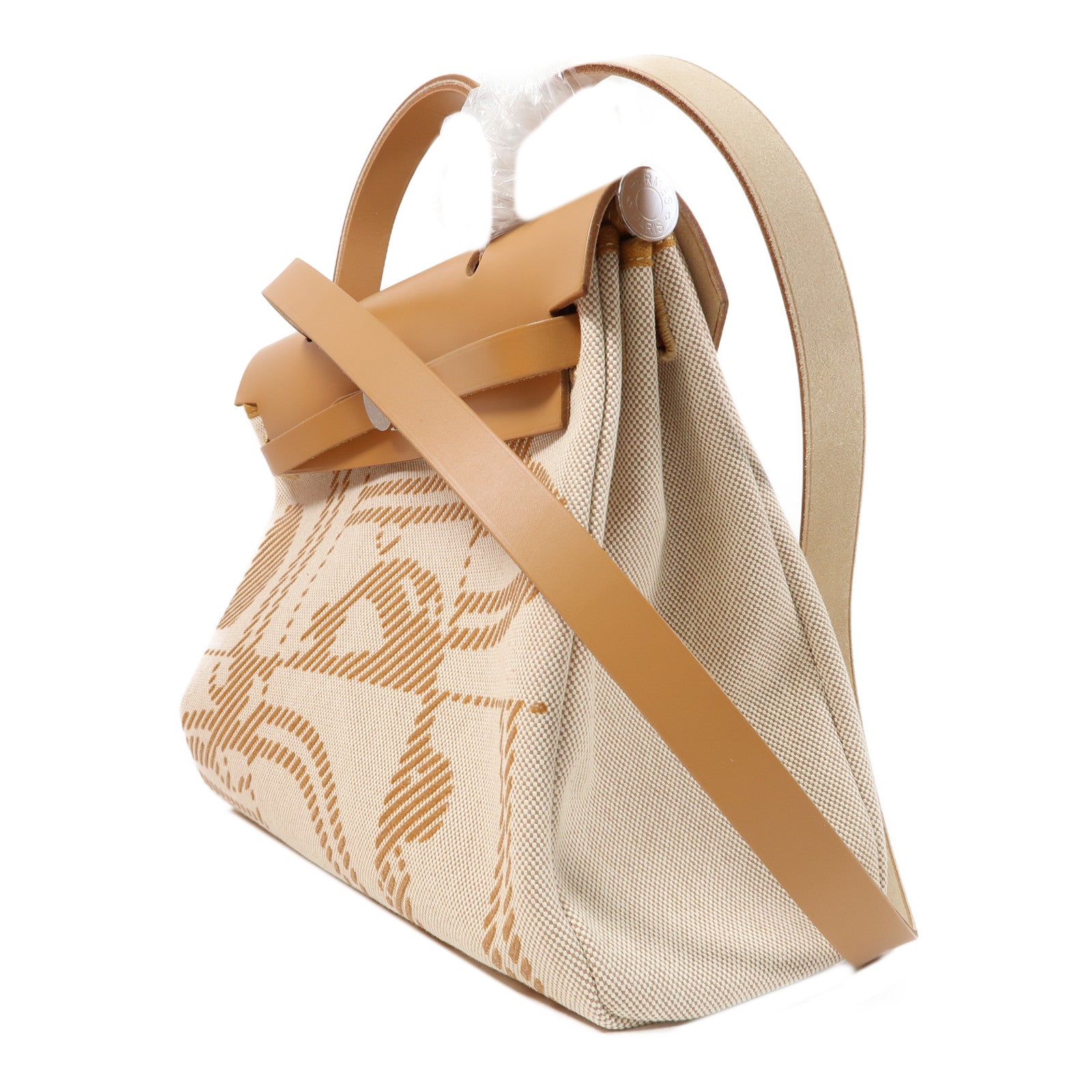 HERMES 帆布Herbag PM銀扣手挽肩背兩用袋米色/啡色
