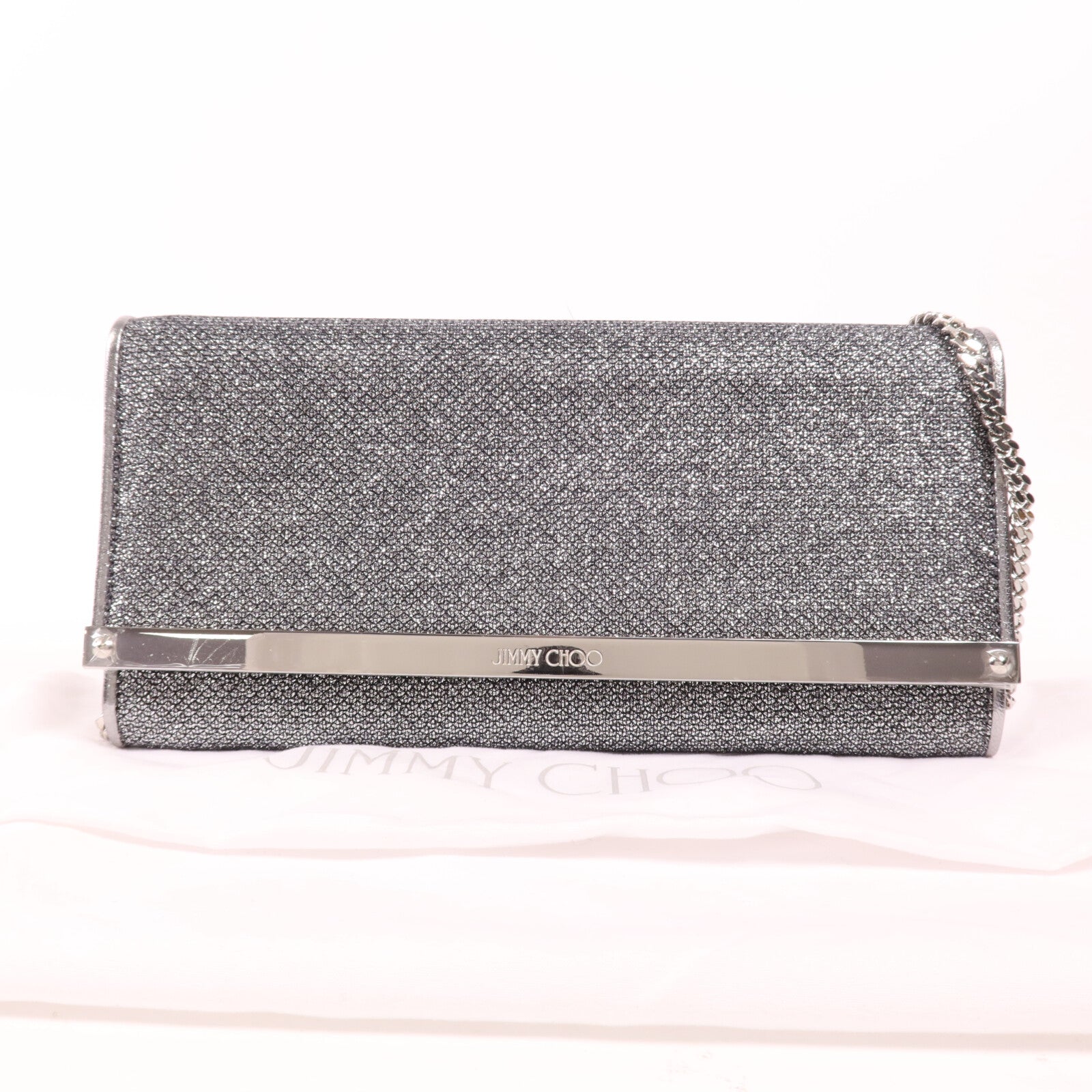 JIMMY CHOO Metallic皮革Chain Shoulder銀扣鏈帶肩背袋