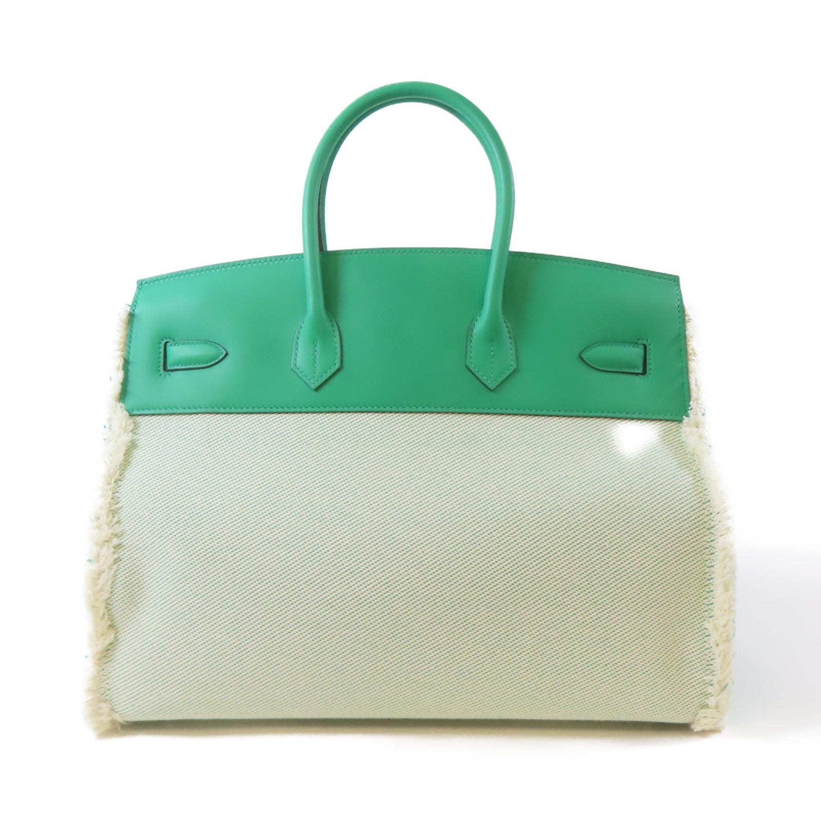 HERMES Swift皮革/帆布Birkin 35 Fray Fray銀扣手挽袋綠色/白色
