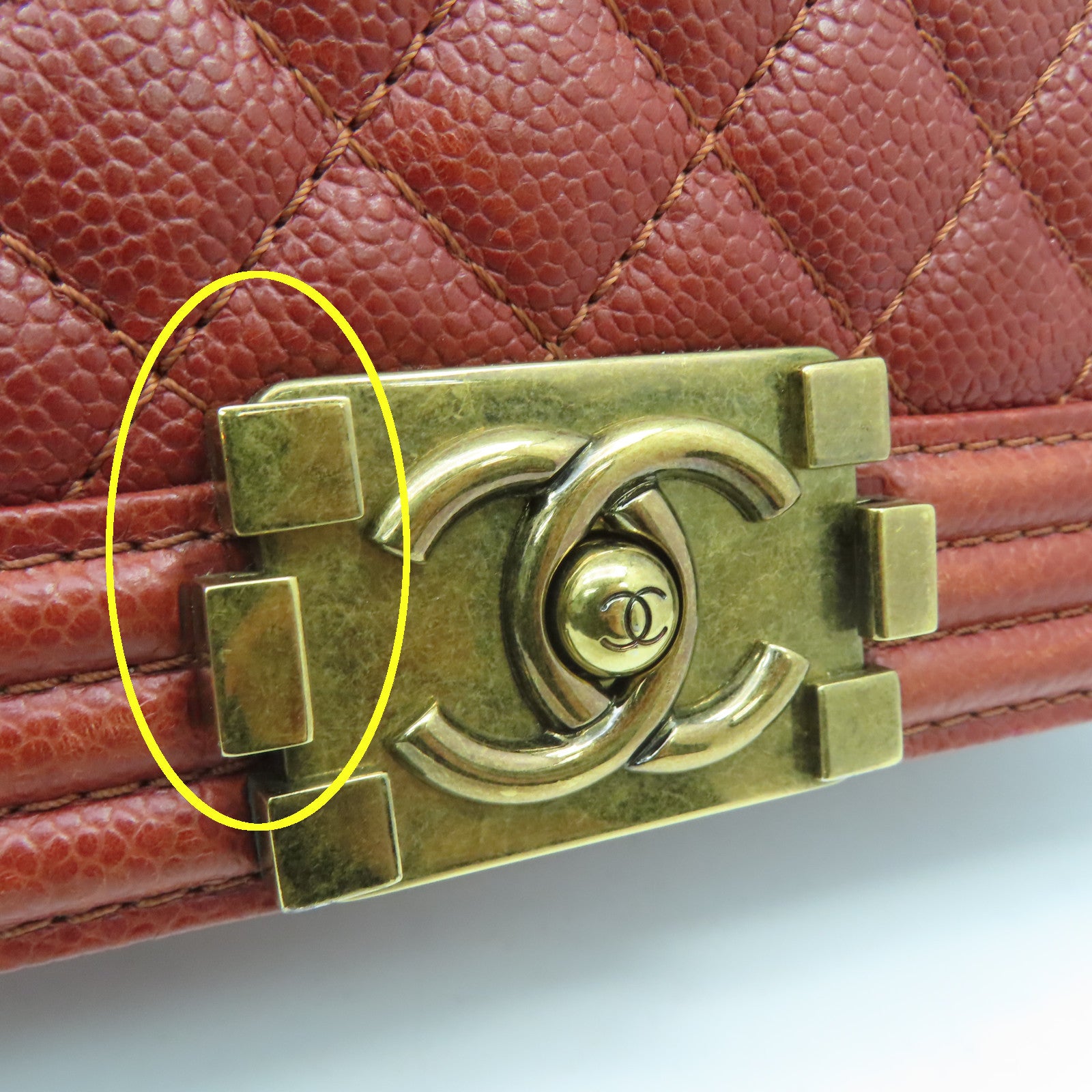 CHANEL Rhombus Caviar Leather Chanel Boy Gold Buckle Chain Shoulder Bag Brown