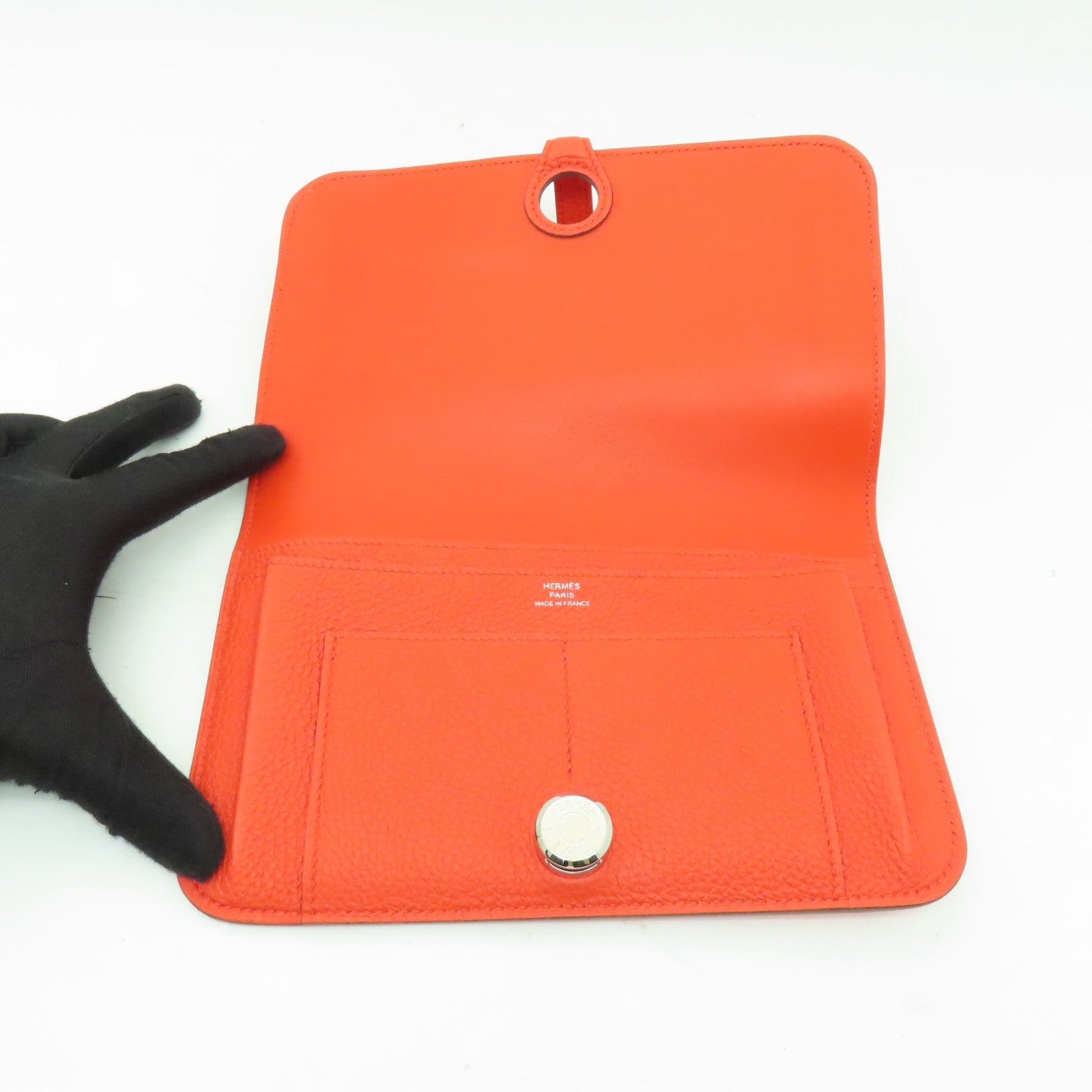 HERMES 【激減優惠】Clemence皮革Dogon wallet銀扣長錢包Orange橙色