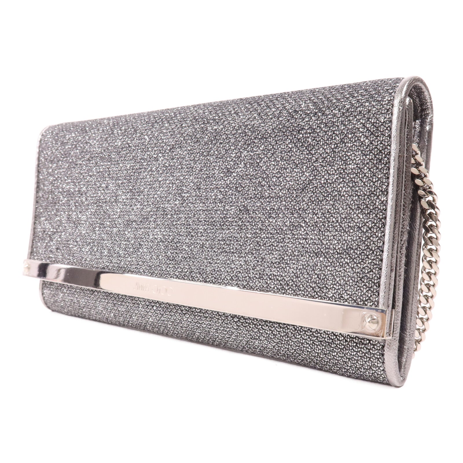 JIMMY CHOO Metallic皮革Chain Shoulder銀扣鏈帶肩背袋