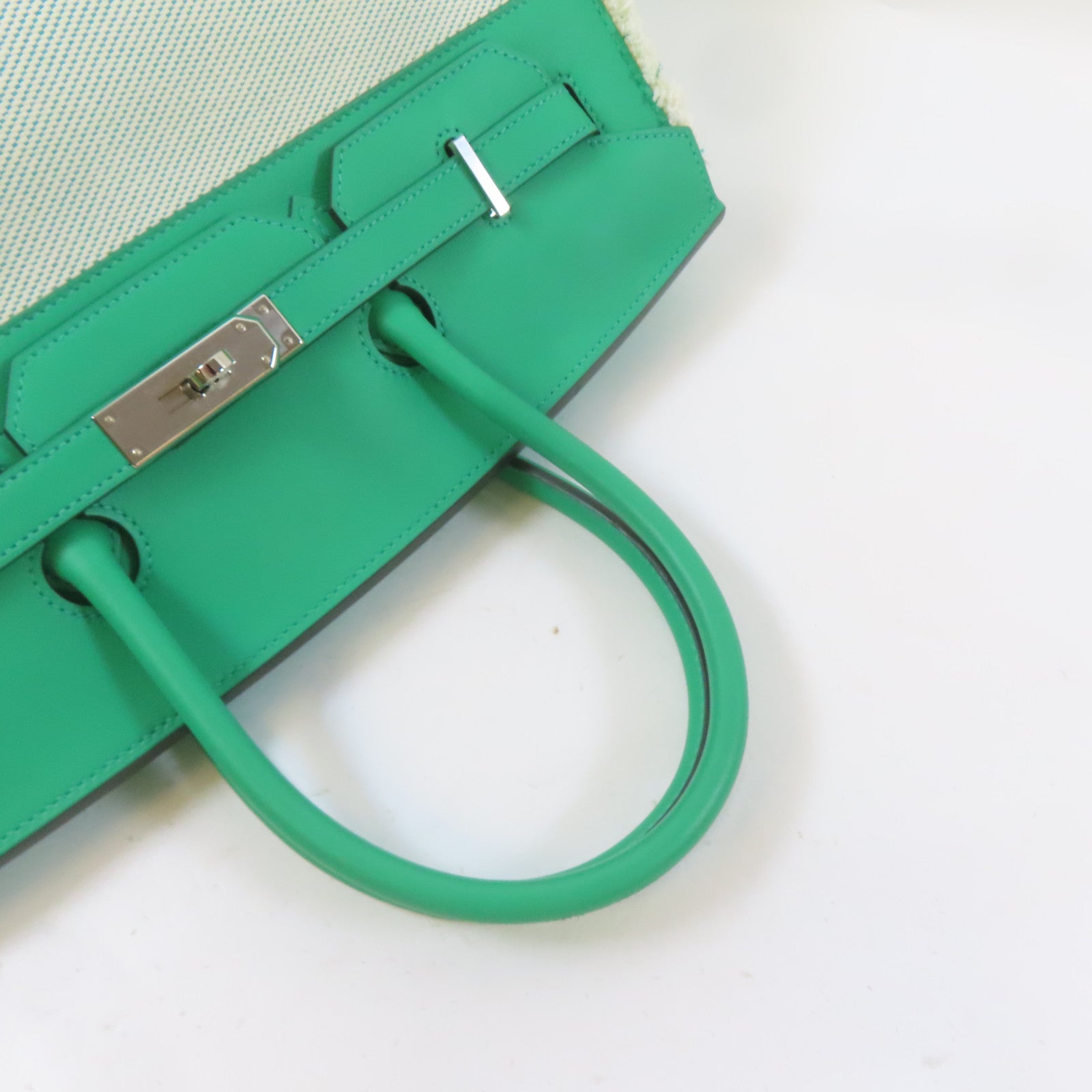 HERMES Swift皮革/帆布Birkin 35 Fray Fray銀扣手挽袋綠色/白色