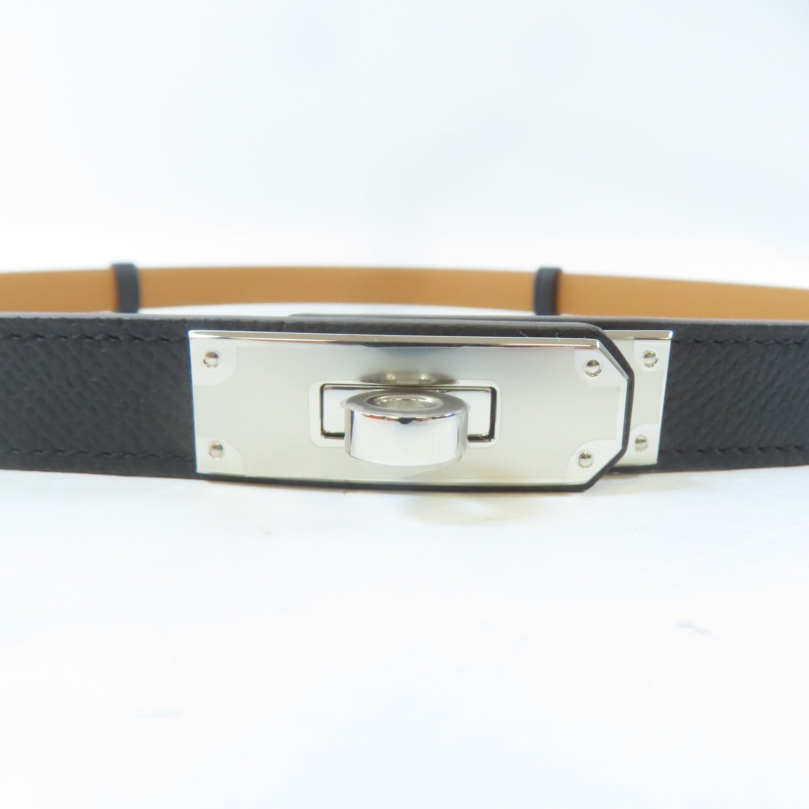HERMES 【激減優惠】Epsom皮革Kelly Belt銀扣皮帶Noir/黑色