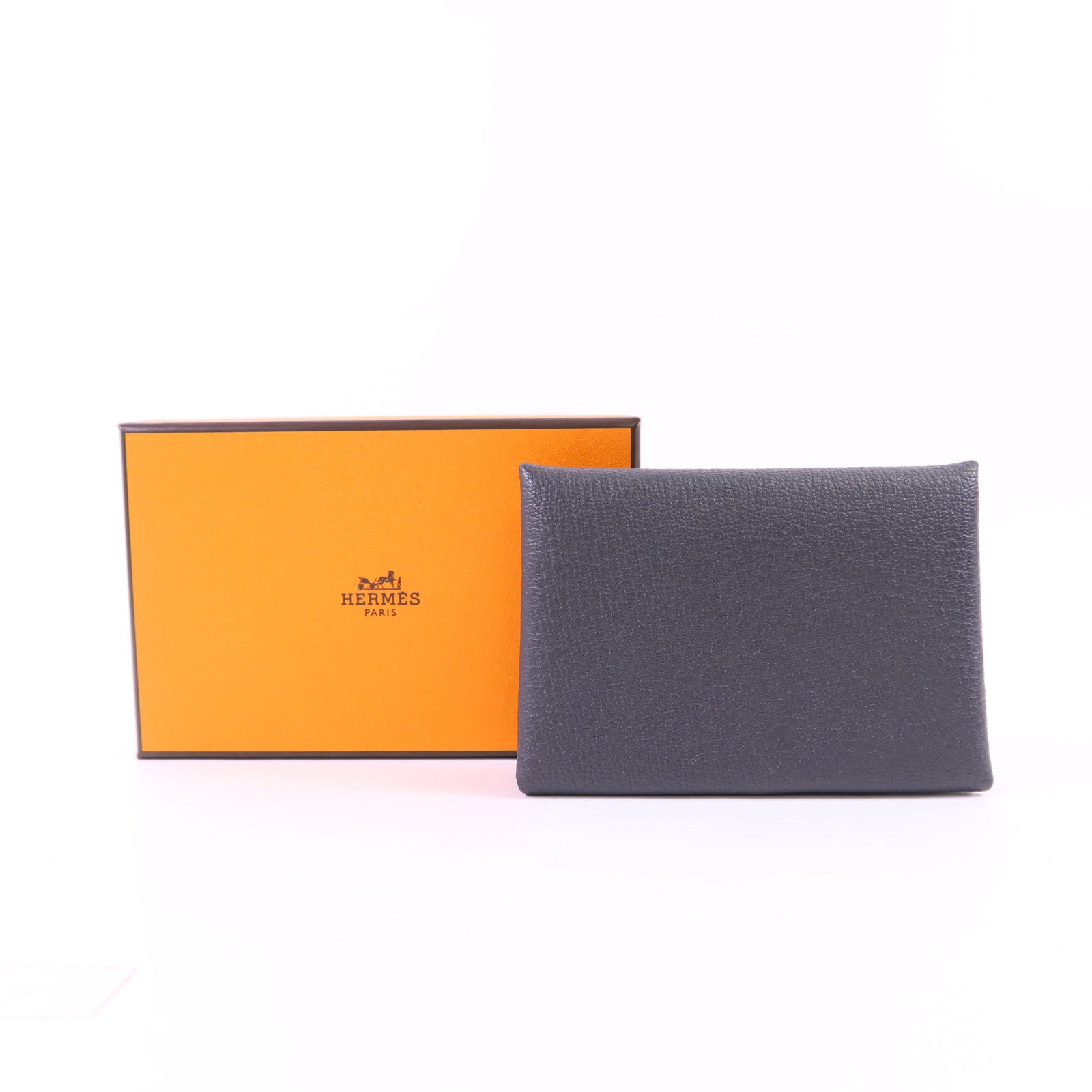 HERMES Epsom皮革Calvi Duo銀扣卡片套Graphite/Bleu Hydra