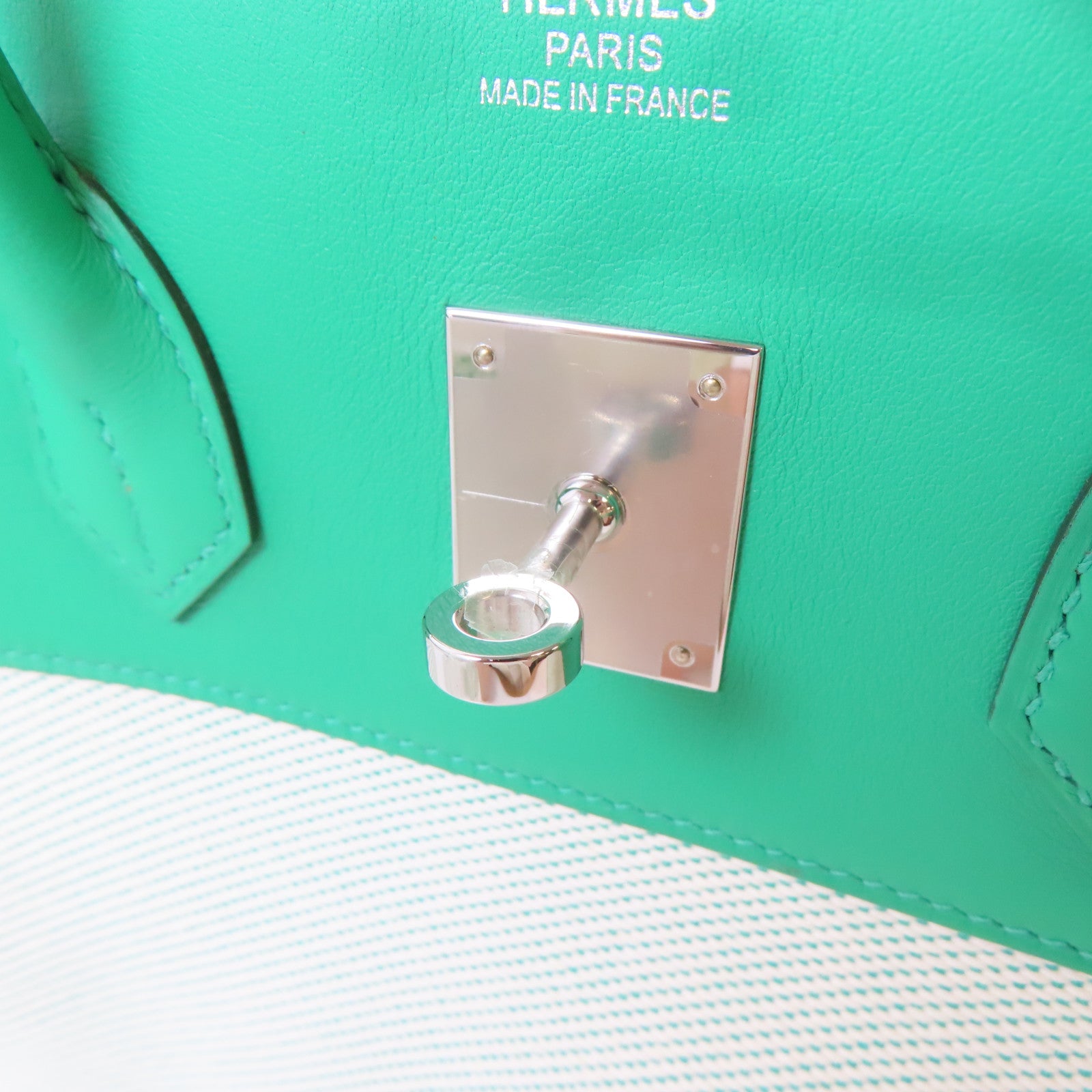 HERMES Swift皮革/帆布Birkin 35 Fray Fray銀扣手挽袋綠色/白色