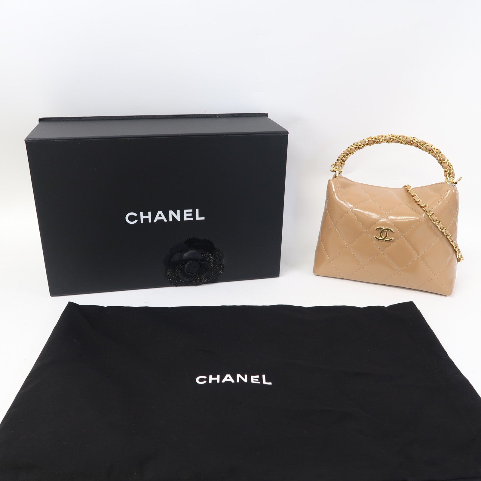 CHANEL 菱格牛皮皮革Chain Shoulder金扣手挽肩背兩用袋裸色
