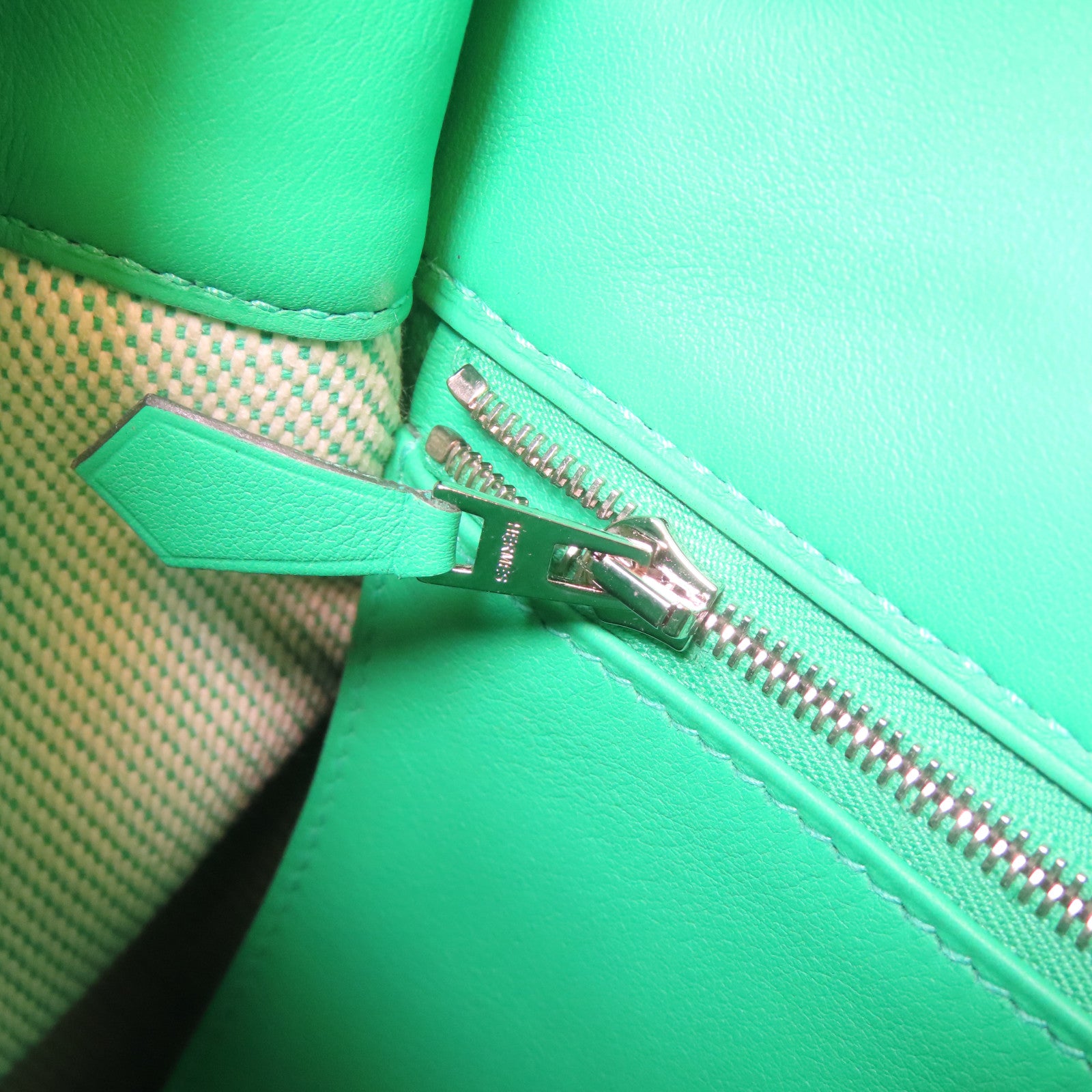 HERMES Swift皮革/帆布Birkin 35 Fray Fray銀扣手挽袋綠色/白色