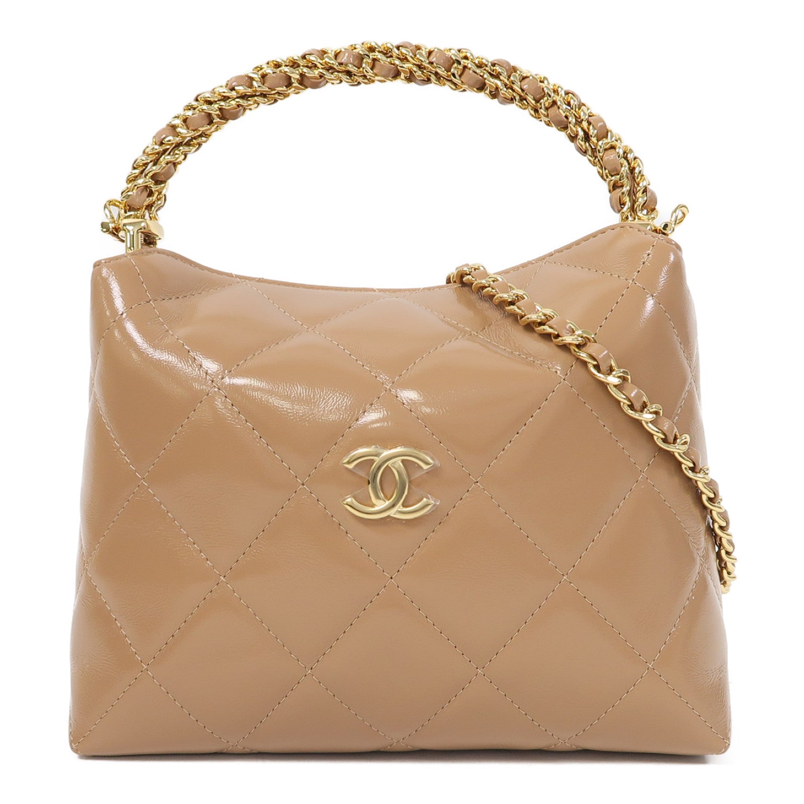 CHANEL 菱格牛皮皮革Chain Shoulder金扣手挽肩背兩用袋裸色