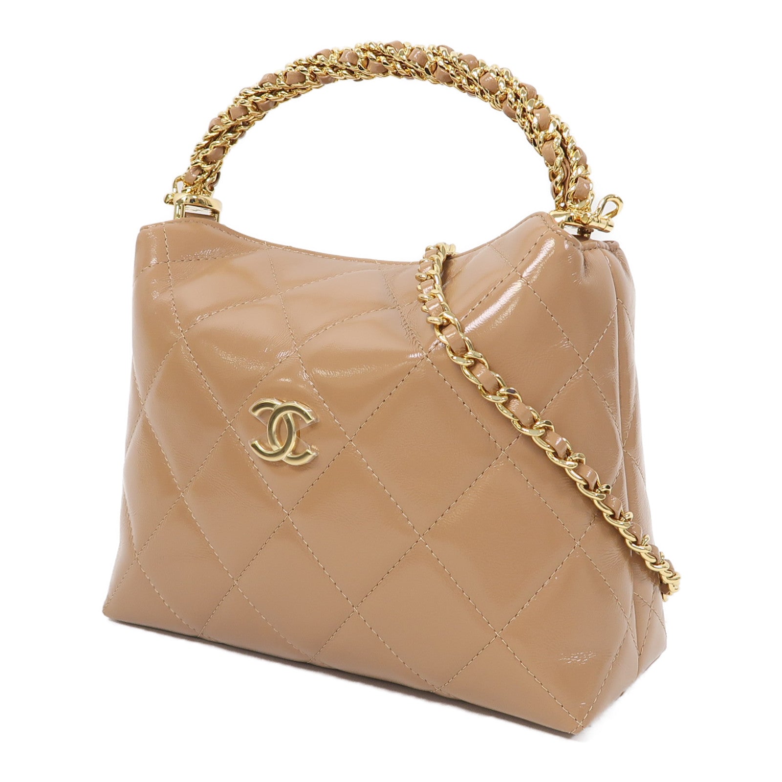 CHANEL 菱格牛皮皮革Chain Shoulder金扣手挽肩背兩用袋裸色