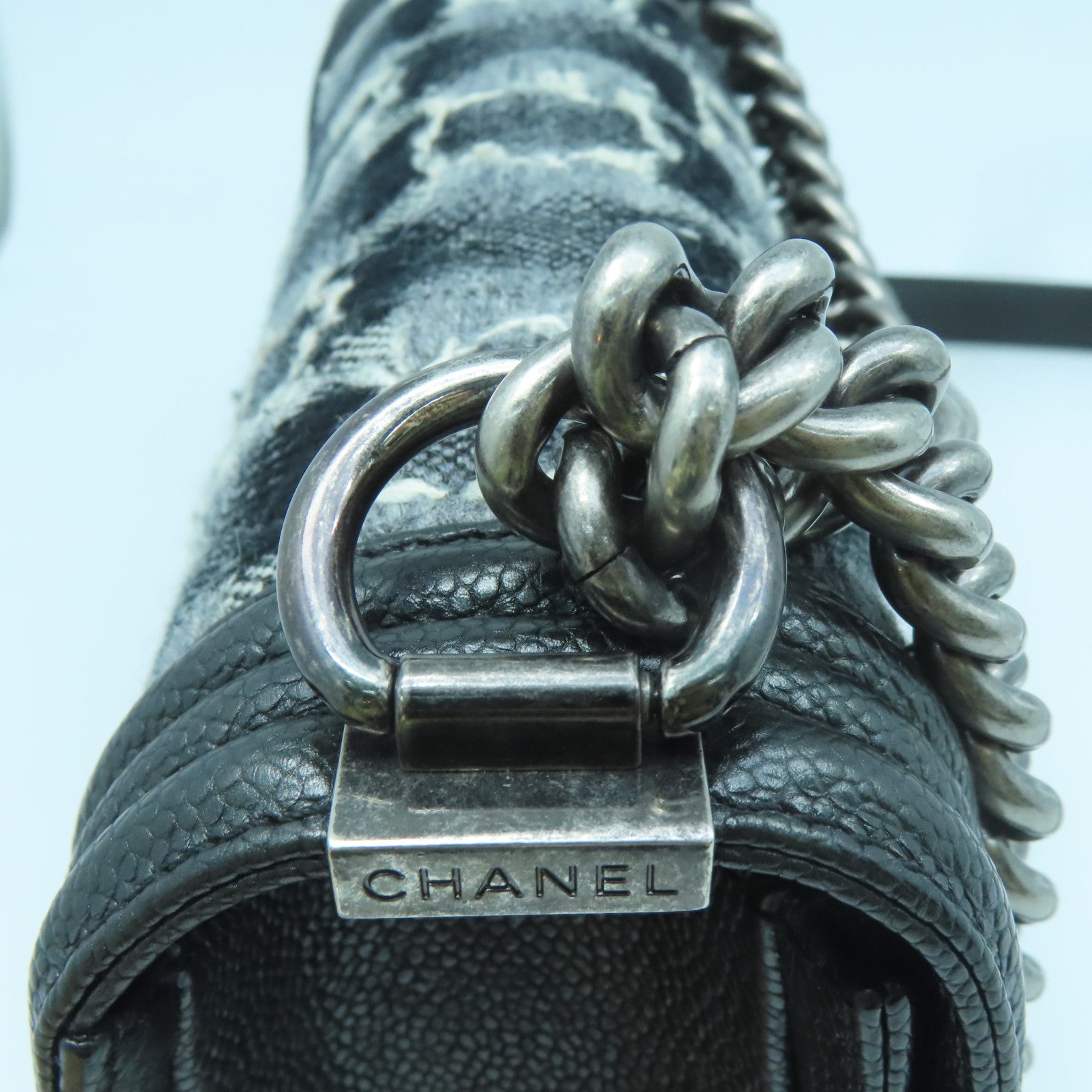 CHANEL Rhombus Leather/Canvas Boy Shoulder Bag Silver Buckle Chain Shoulder Bag Black/White