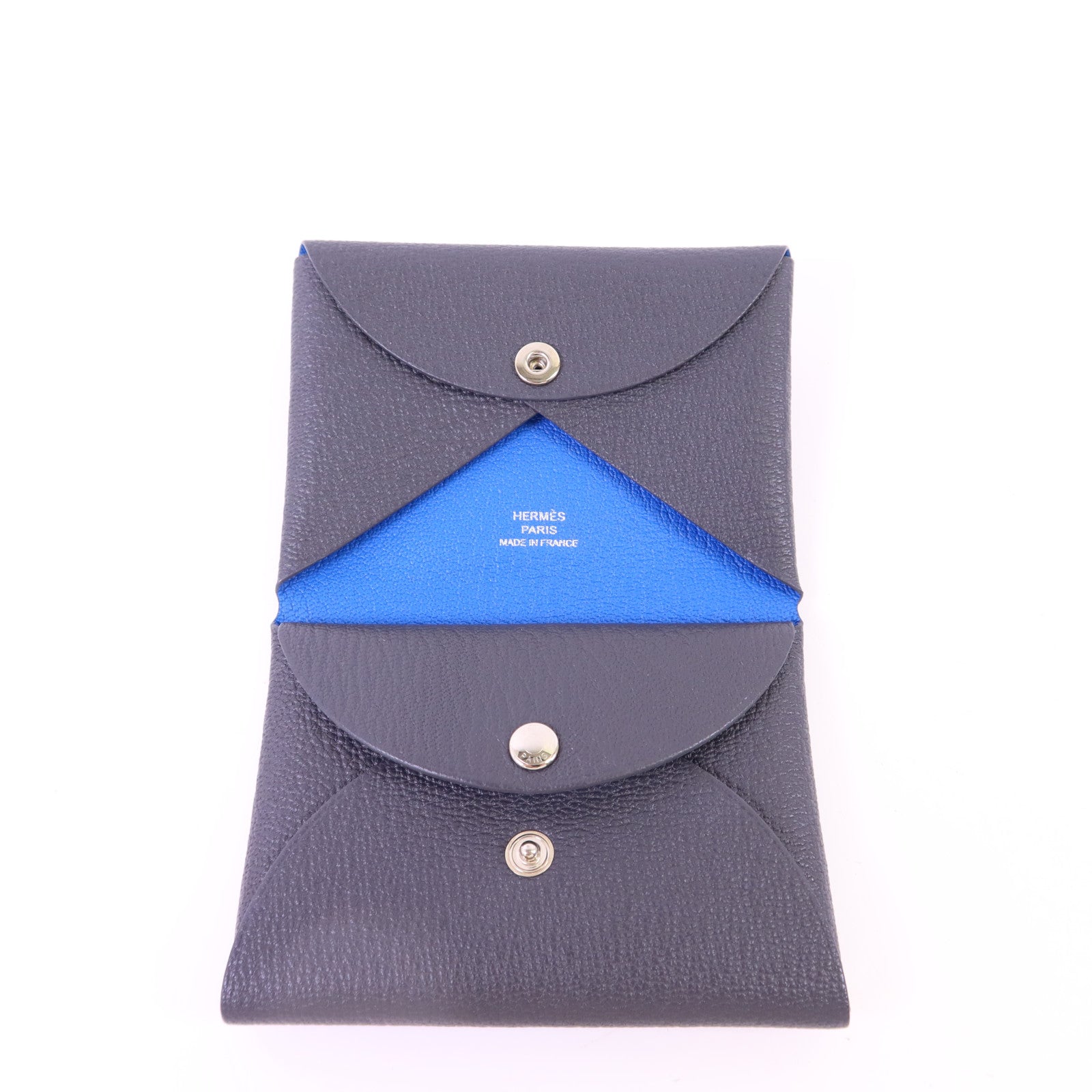 HERMES Epsom皮革Calvi Duo銀扣卡片套Graphite/Bleu Hydra