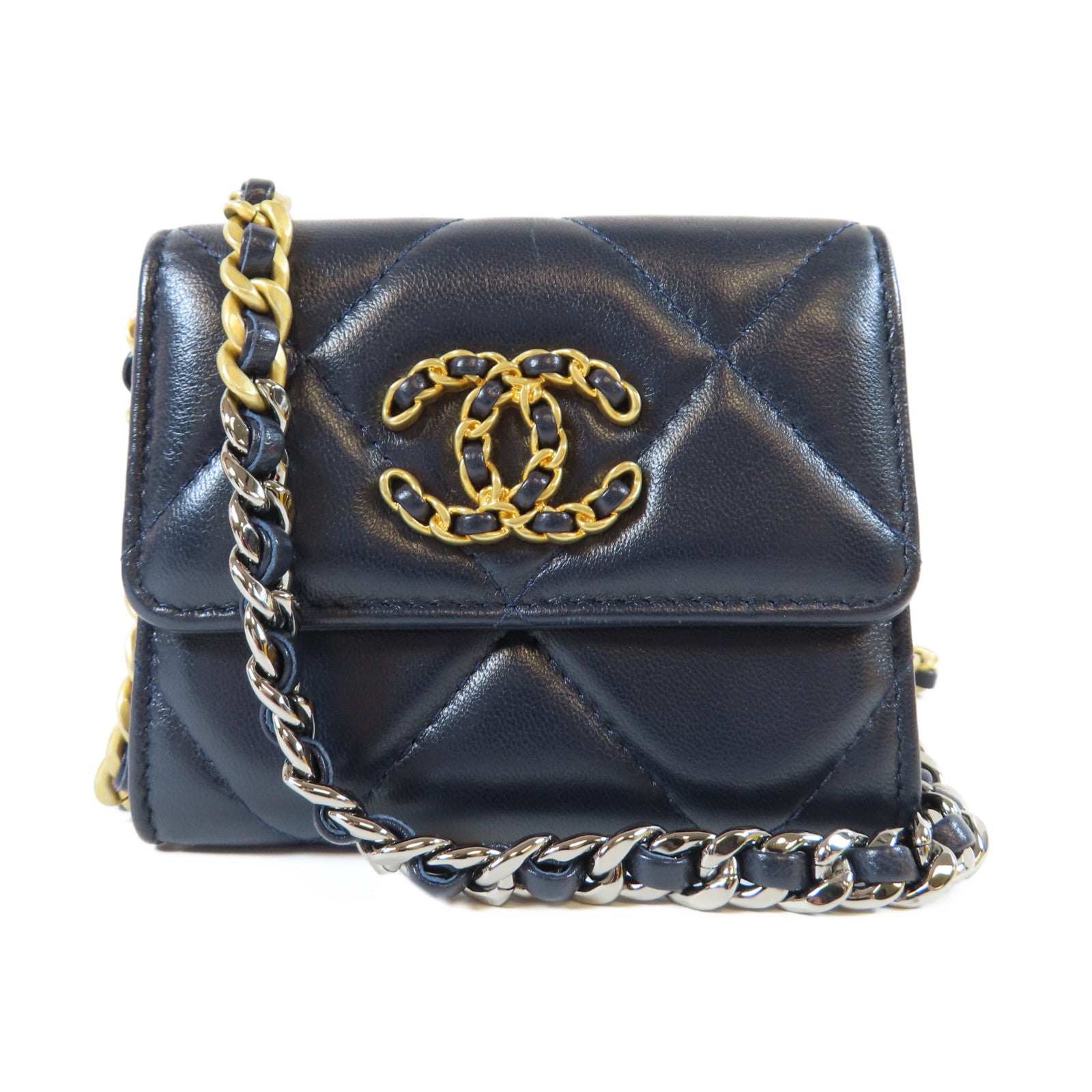 CHANEL 【激減優惠】菱格皮革C19 WOC金扣/銀扣鏈帶肩背袋黑色