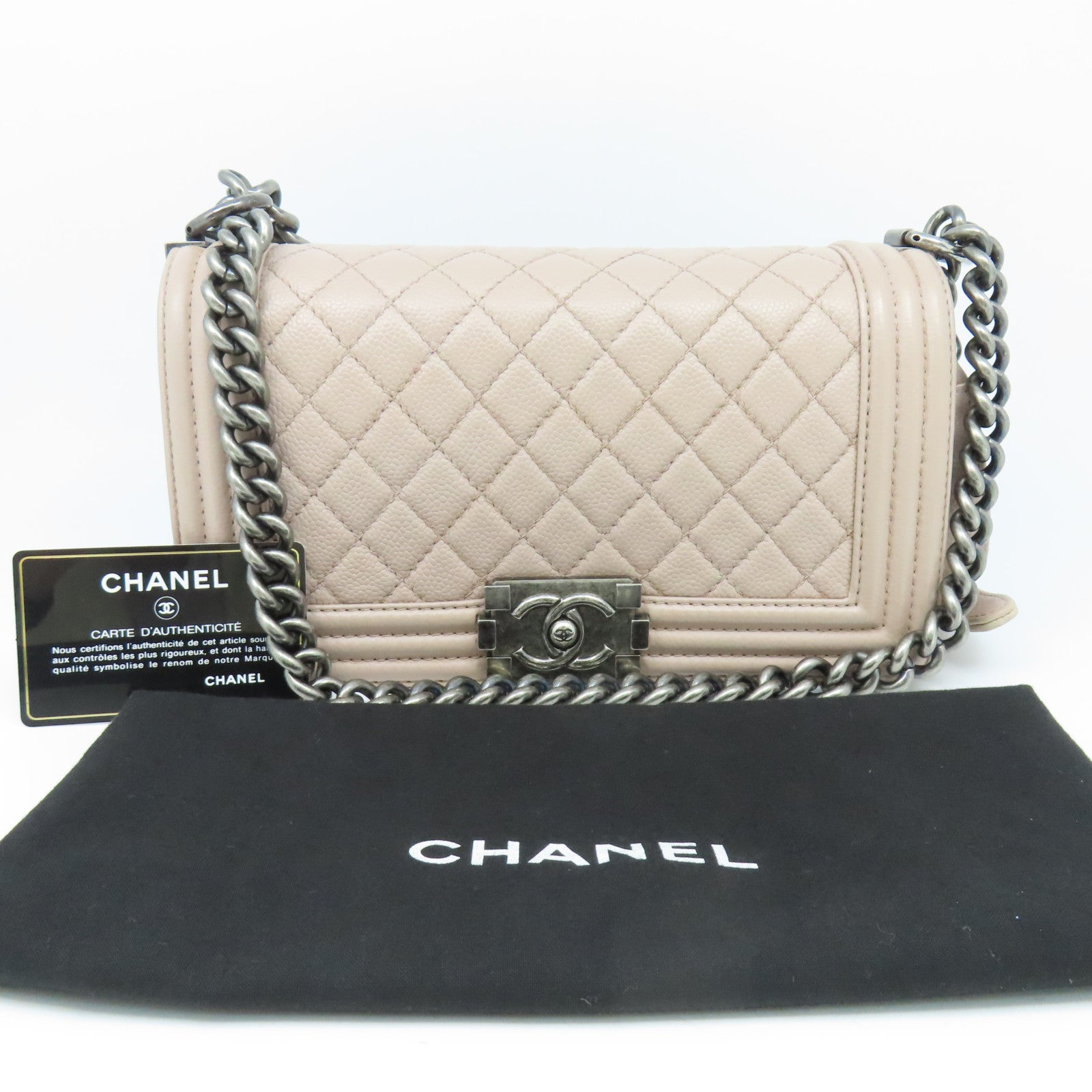 CHANEL **【激減優惠】菱格牛皮皮革Boy銀扣鏈帶肩背袋粉紅色