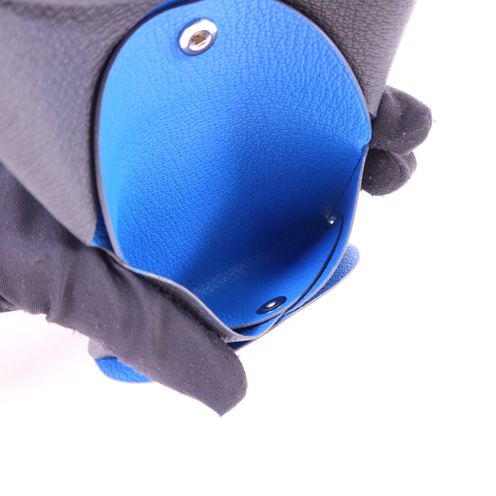 HERMES Epsom皮革Calvi Duo銀扣卡片套Graphite/Bleu Hydra
