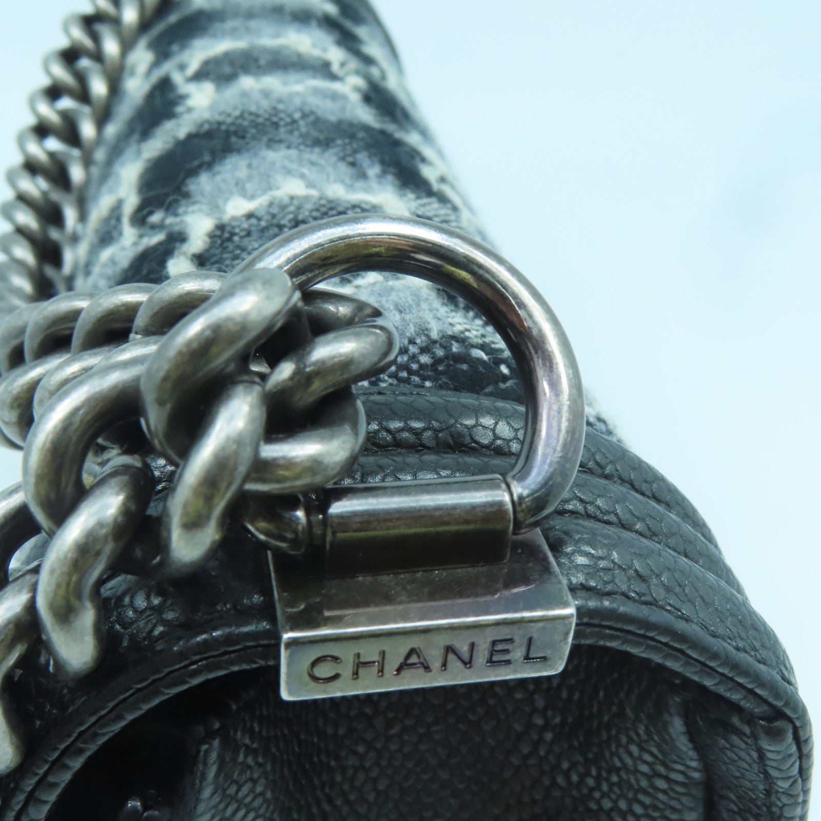 CHANEL Rhombus Leather/Canvas Boy Shoulder Bag Silver Buckle Chain Shoulder Bag Black/White
