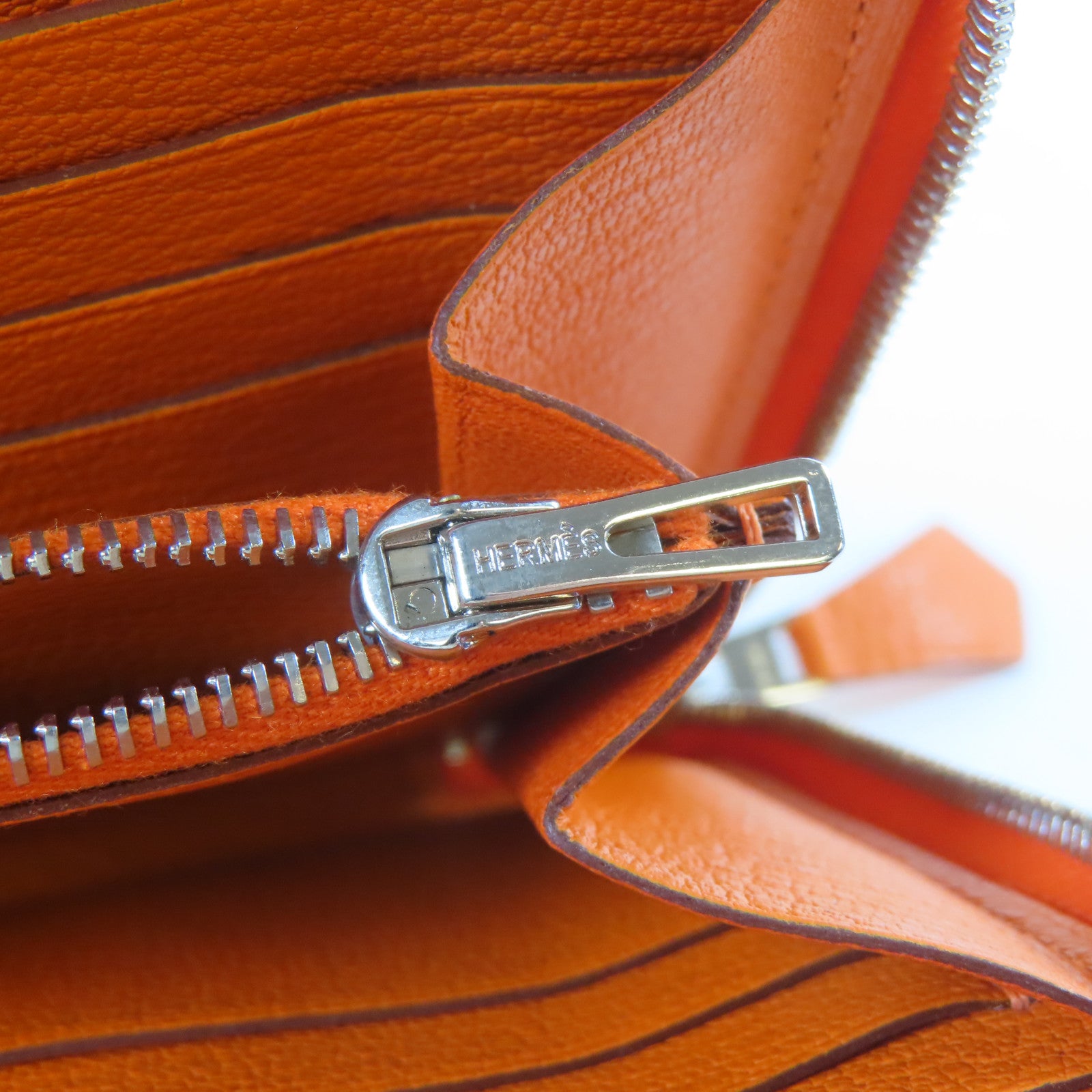 HERMES 【激減優惠】皮革Zipper Long Wallet銀扣長錢包橙色