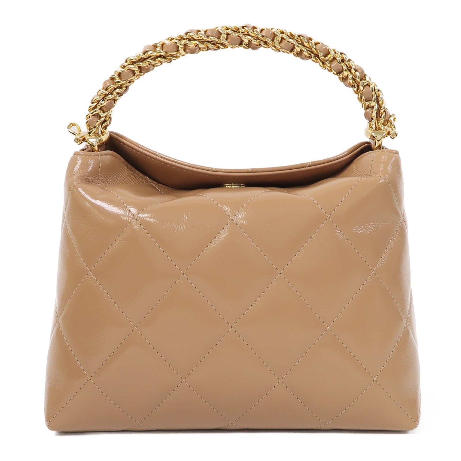CHANEL 菱格牛皮皮革Chain Shoulder金扣手挽肩背兩用袋裸色