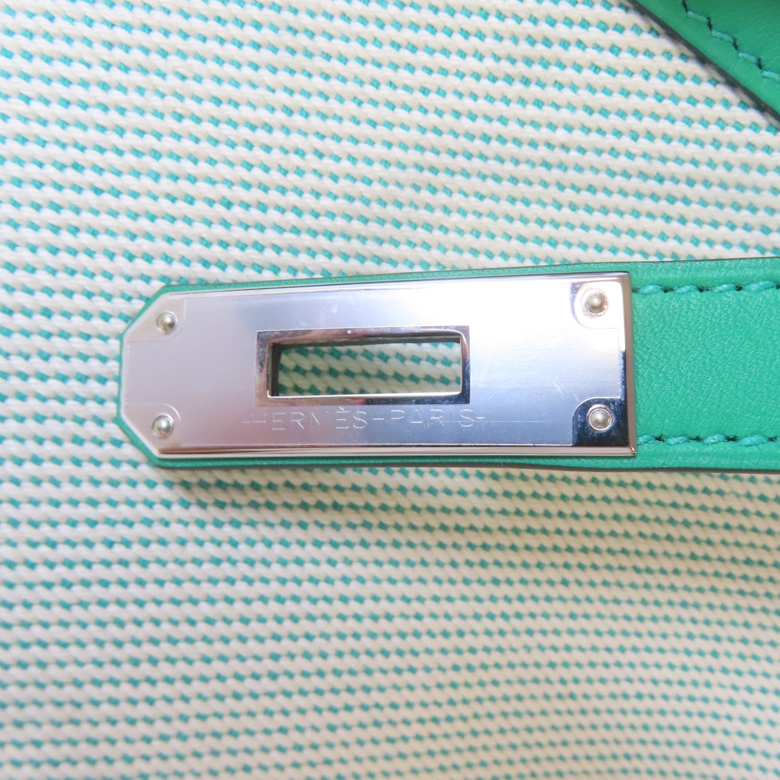 HERMES Swift皮革/帆布Birkin 35 Fray Fray銀扣手挽袋綠色/白色