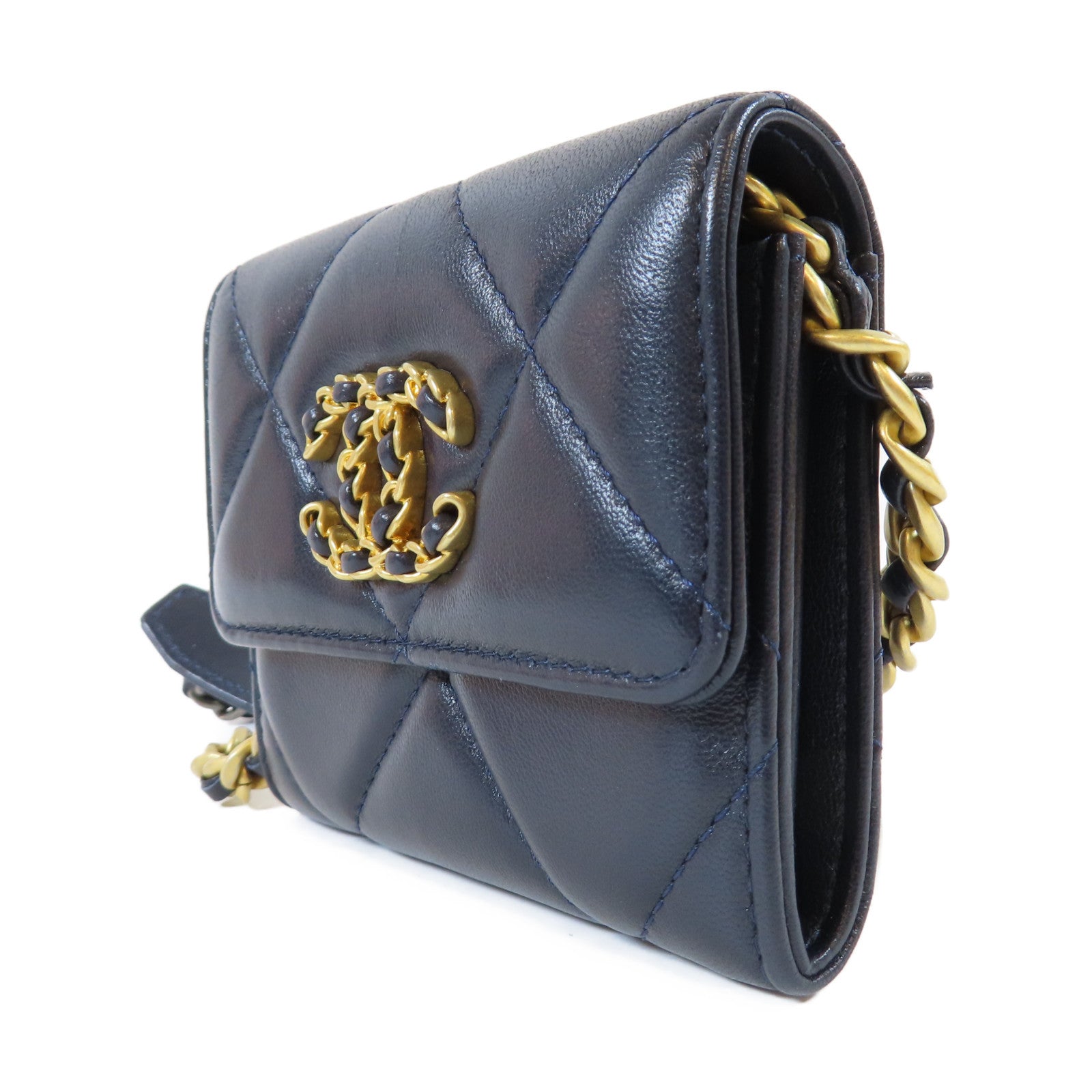 CHANEL 【激減優惠】菱格皮革C19 WOC金扣/銀扣鏈帶肩背袋黑色