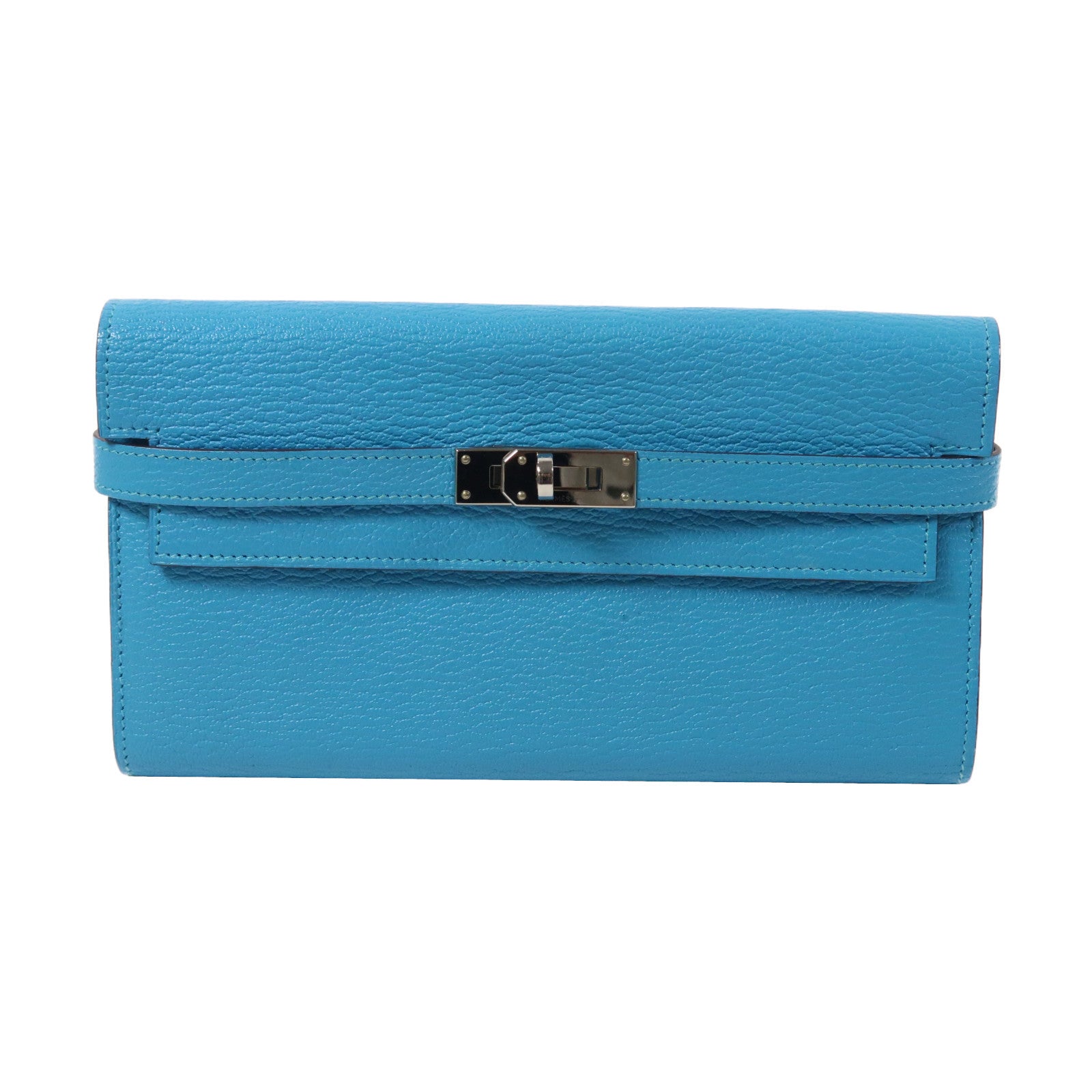 HERMES Mysore皮革Kelly Wallet銀扣長錢包Bleu Azteque/水藍色