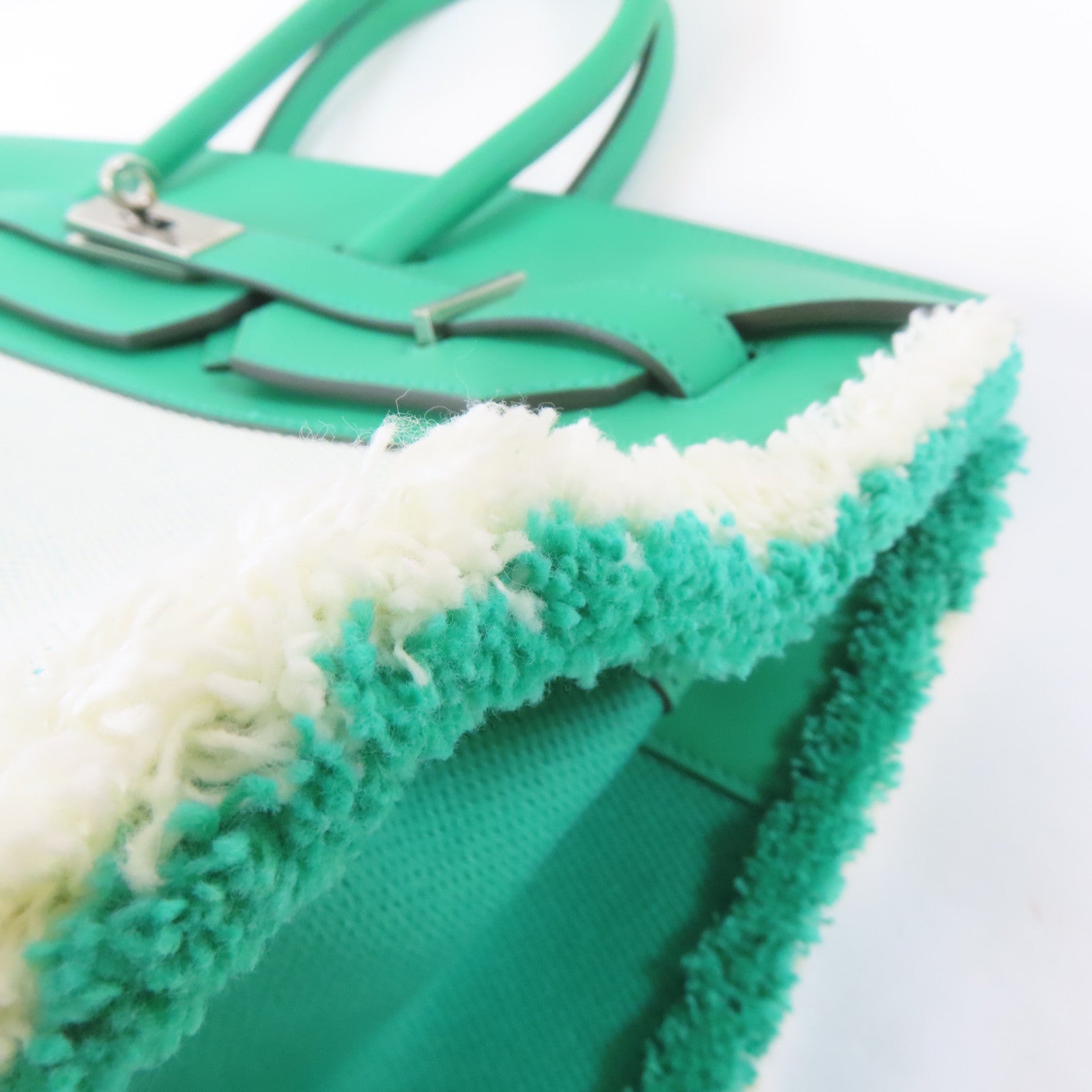 HERMES Swift皮革/帆布Birkin 35 Fray Fray銀扣手挽袋綠色/白色
