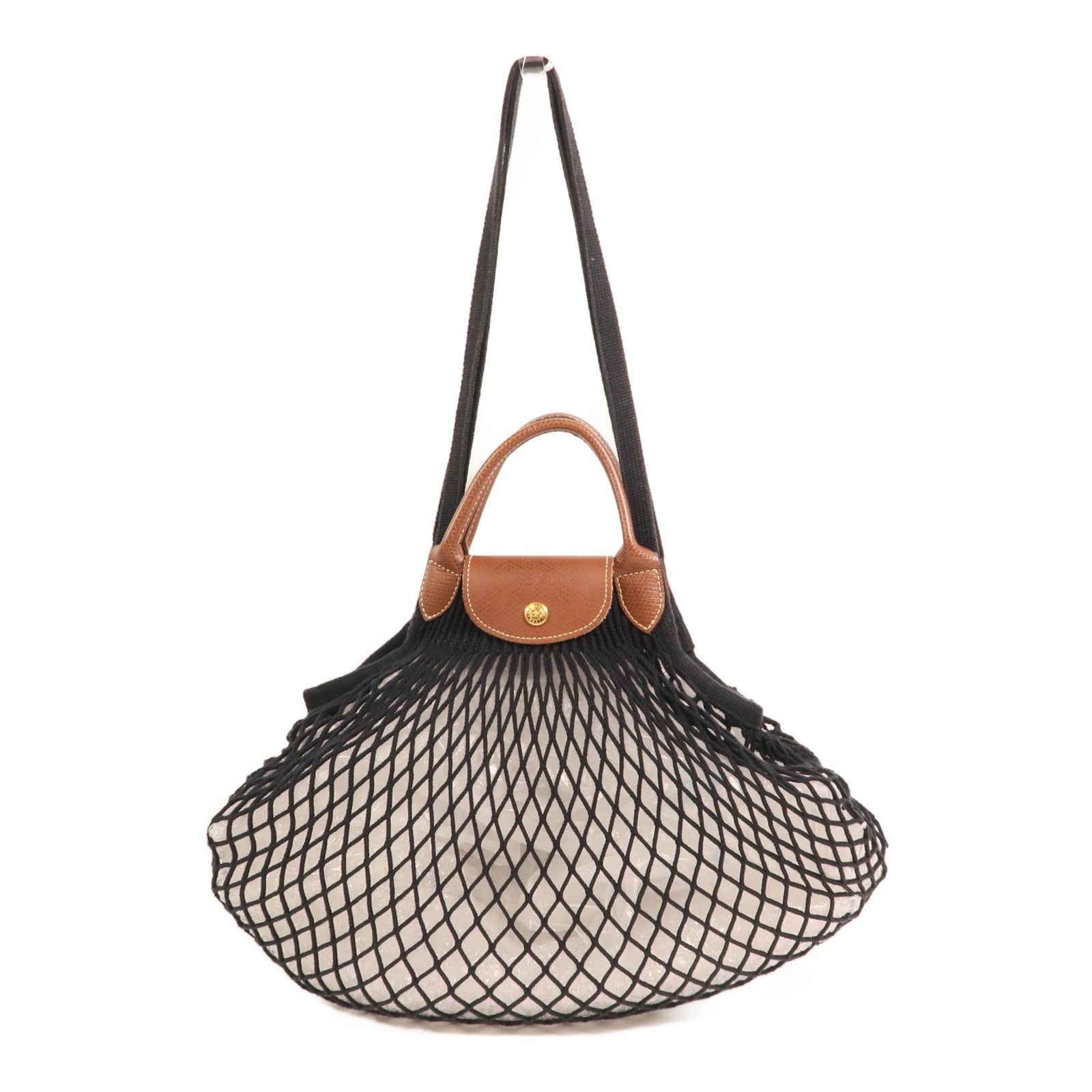 Longchamp 棉質/皮革Mesh Bag L金扣手挽肩背兩用袋