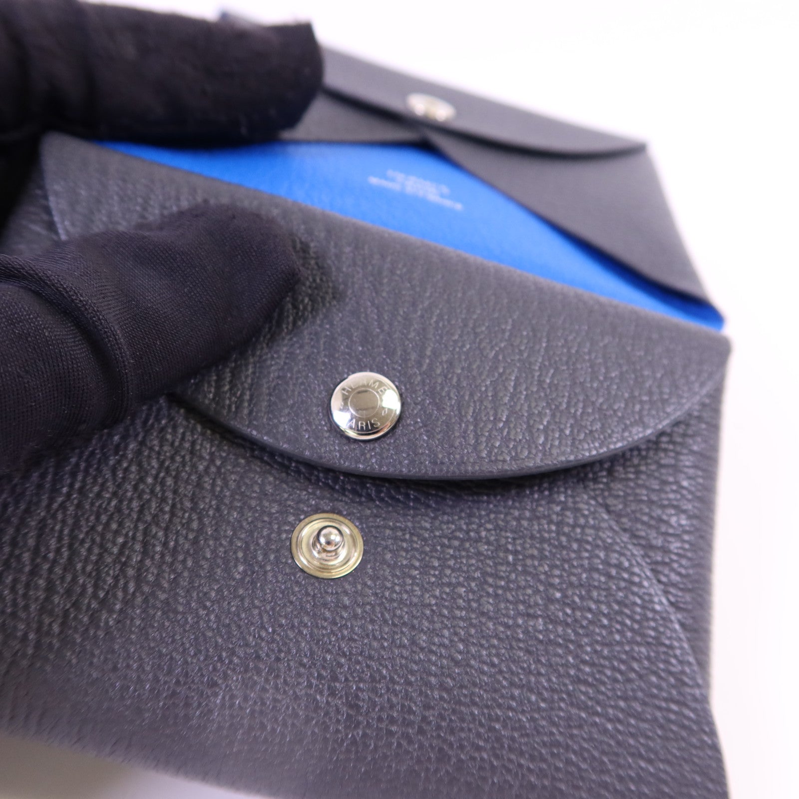 HERMES Epsom皮革Calvi Duo銀扣卡片套Graphite/Bleu Hydra