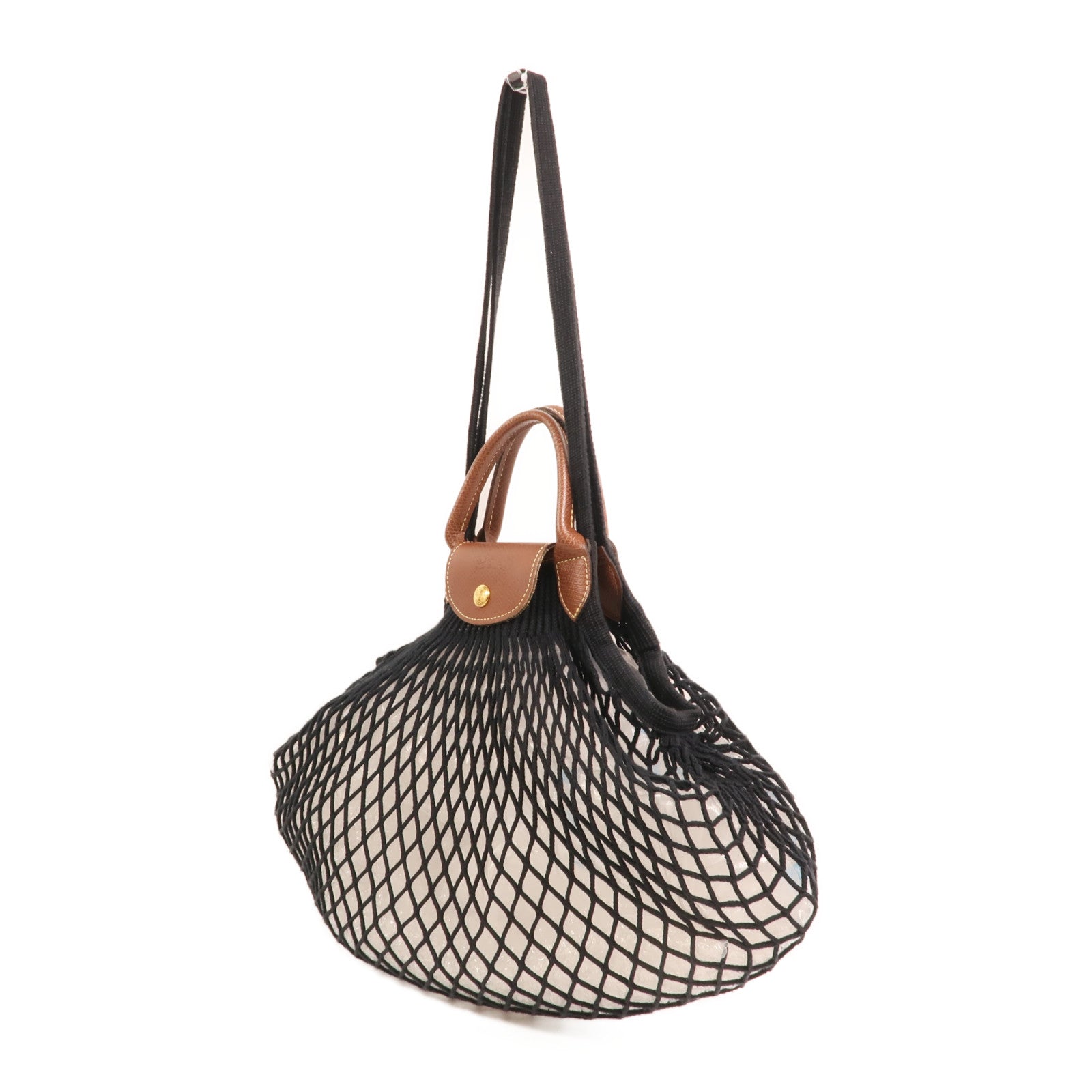 Longchamp 棉質/皮革Mesh Bag L金扣手挽肩背兩用袋