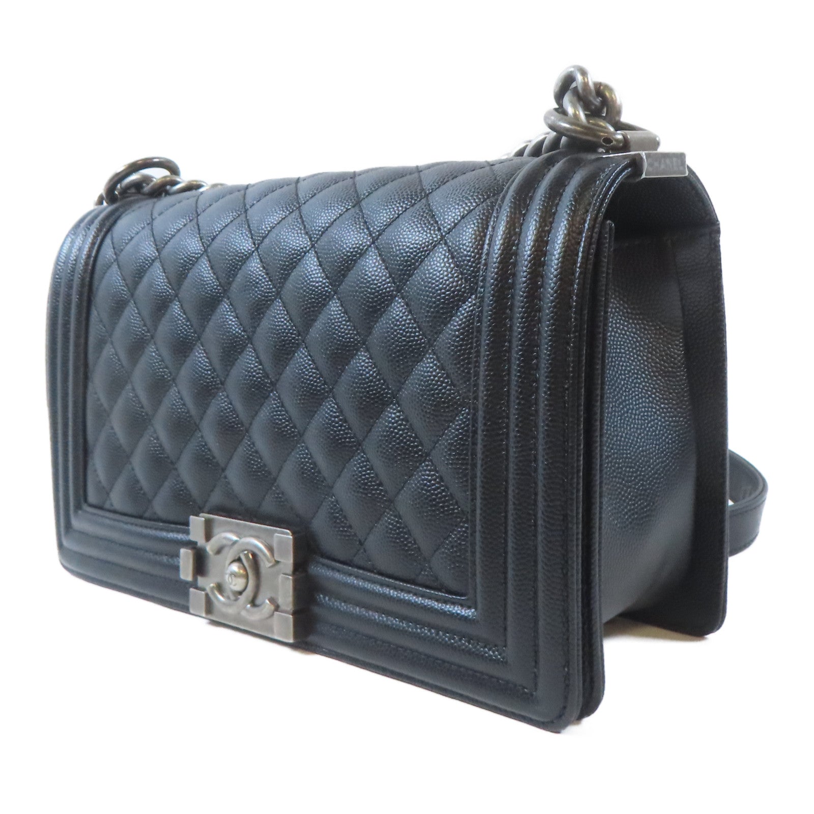CHANEL 菱格牛皮皮革Boy Chanel銀扣鏈帶肩背袋黑色