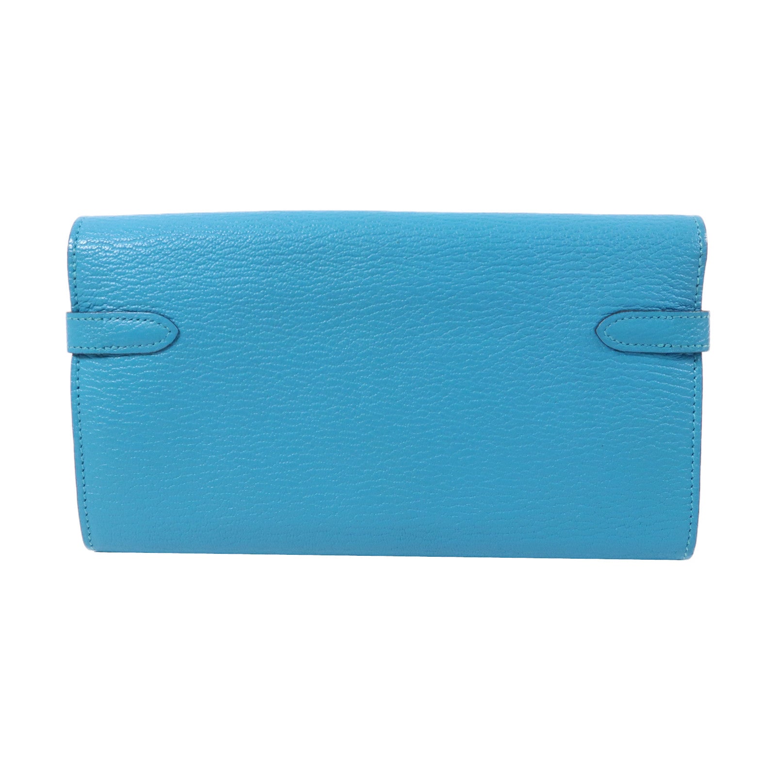HERMES Mysore皮革Kelly Wallet銀扣長錢包Bleu Azteque/水藍色