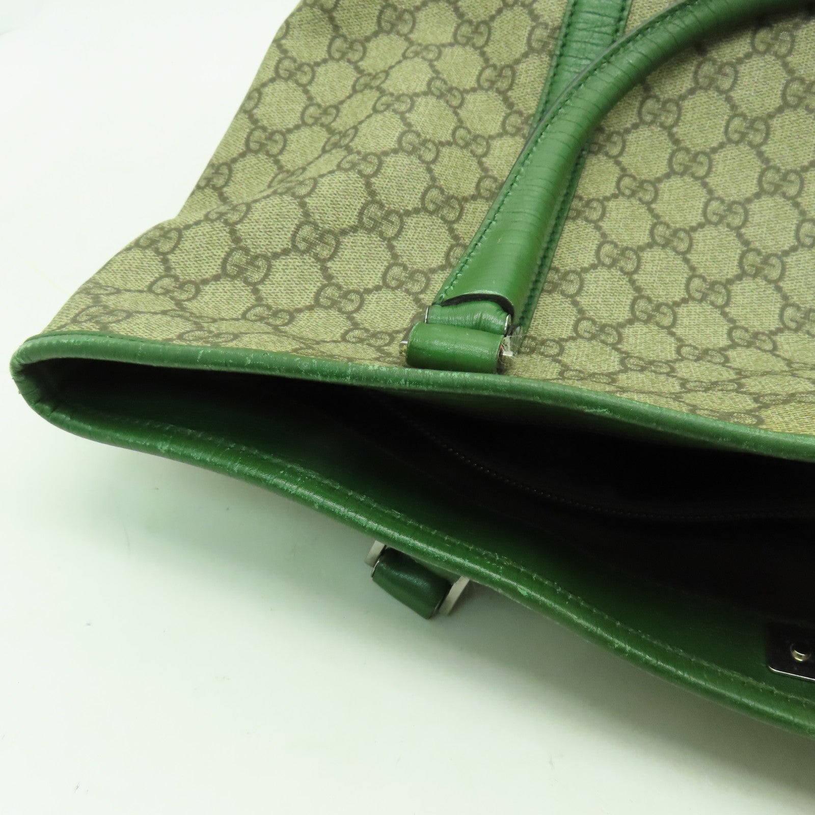 GUCCI 塗層帆布Tote Bag銀扣手挽袋綠色/米色