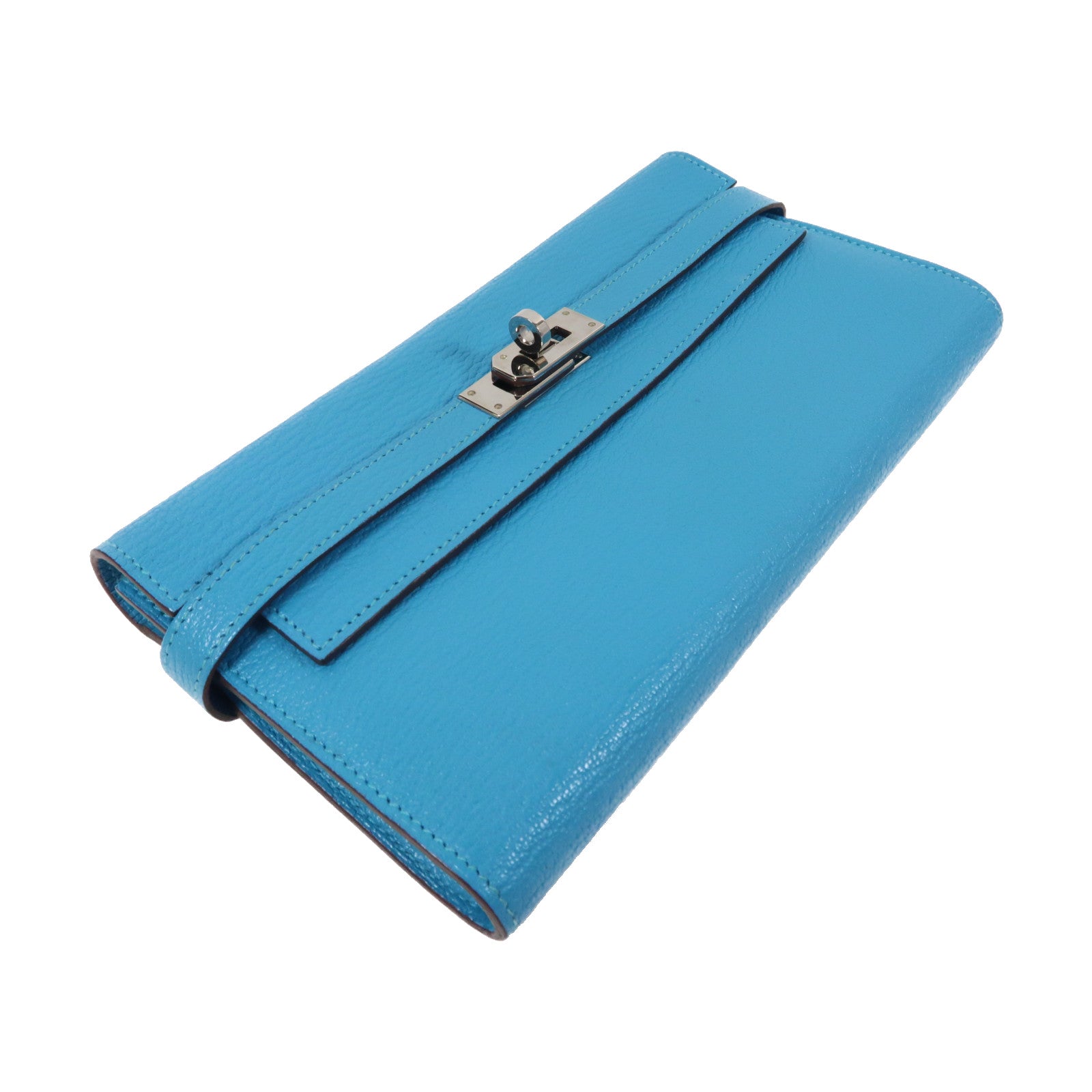 HERMES Mysore皮革Kelly Wallet銀扣長錢包Bleu Azteque/水藍色
