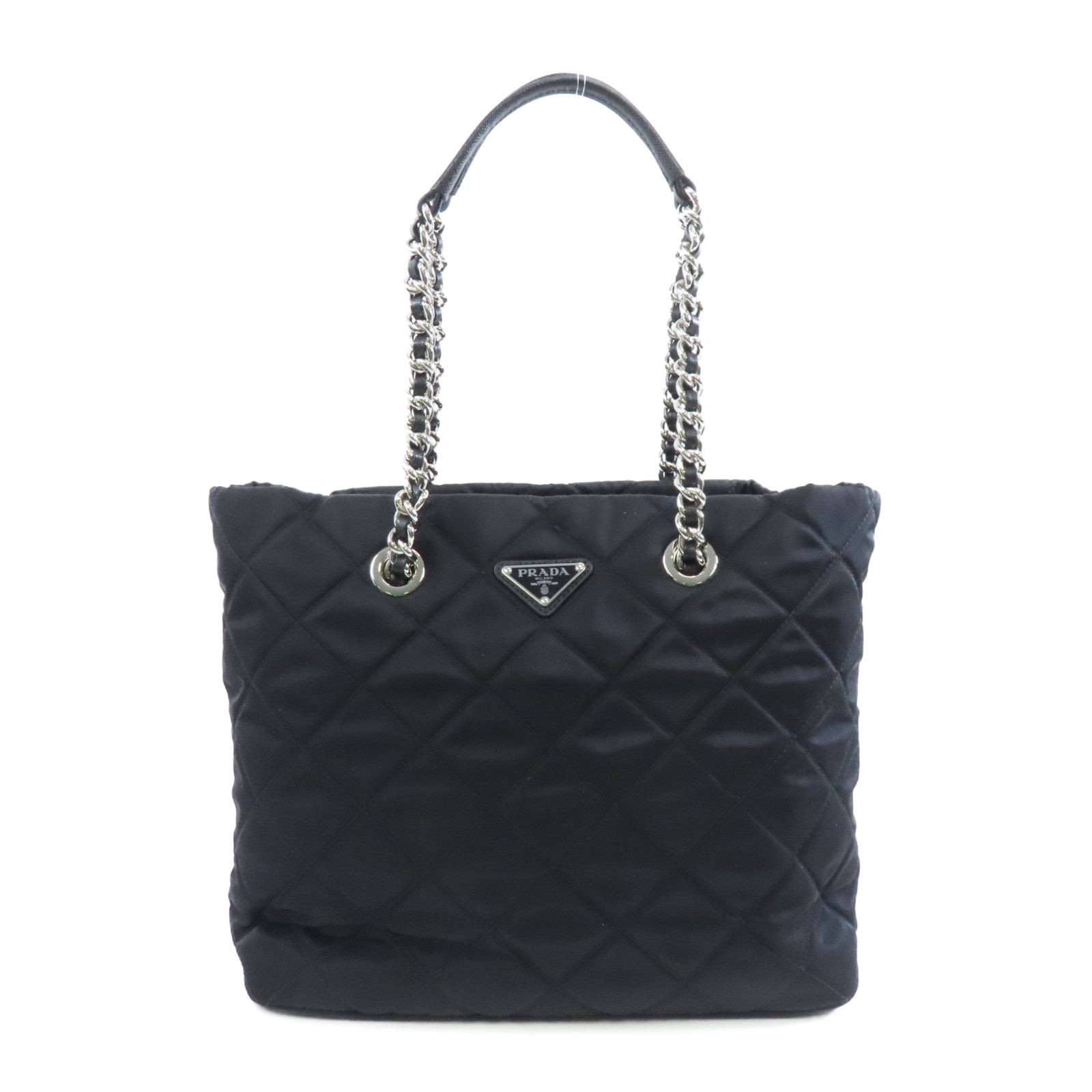 PRADA 菱格尼龍Chain Shoulder銀扣鏈帶肩背袋黑色