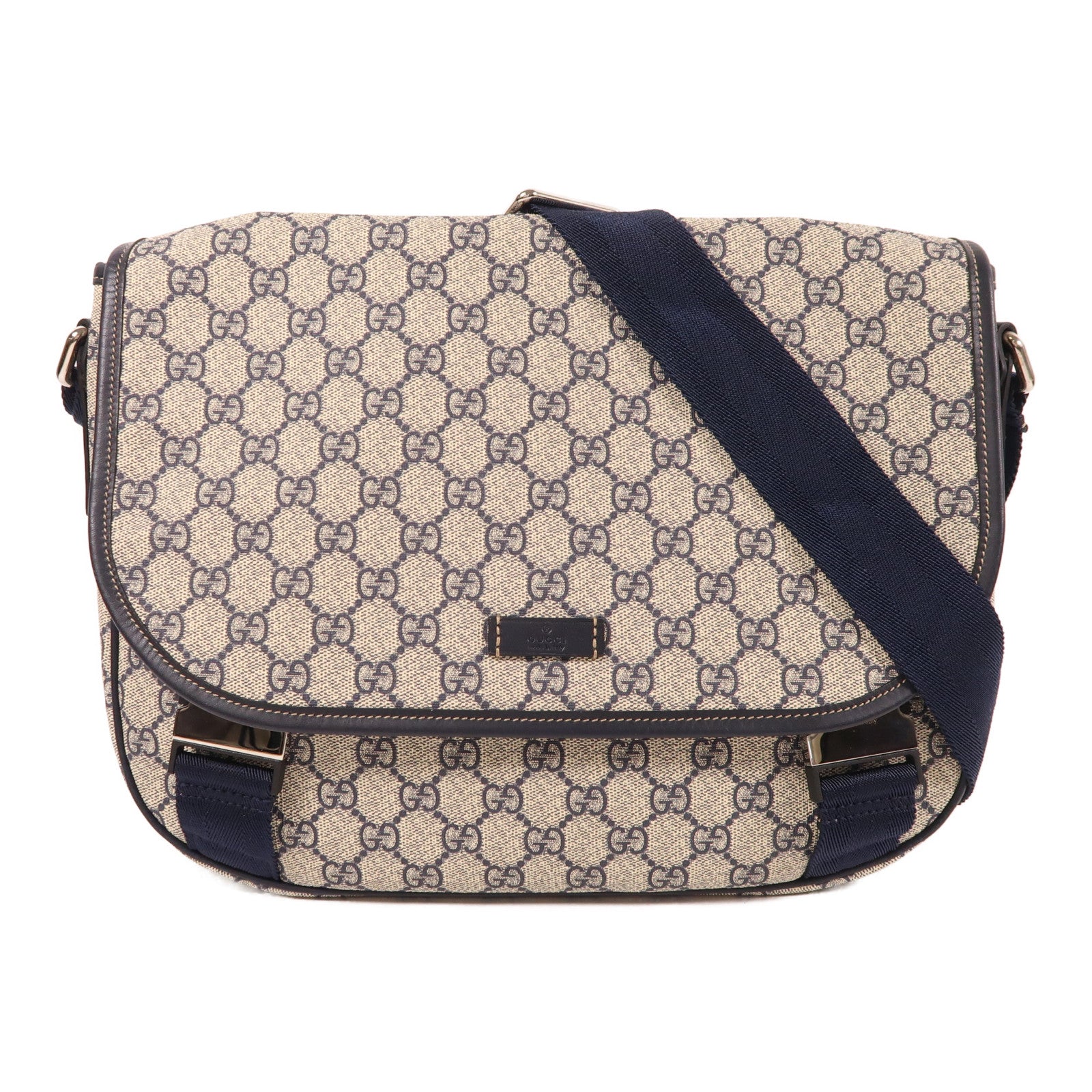 GUCCI 塗層帆布Messenger Shoulder Bag銀扣肩背袋棕色/藍色