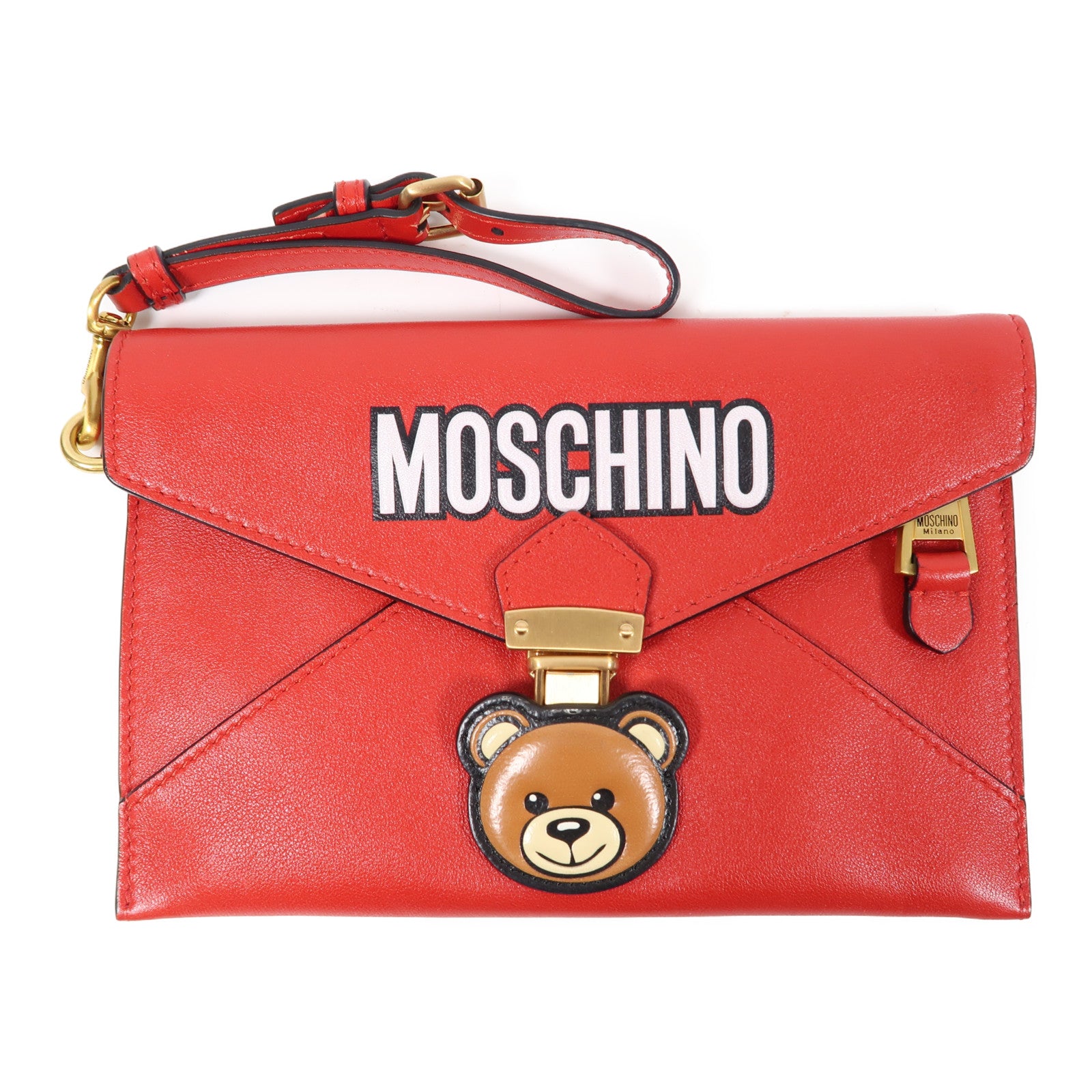 MOSCHINO 牛皮皮革Clutch金扣手拿包紅色