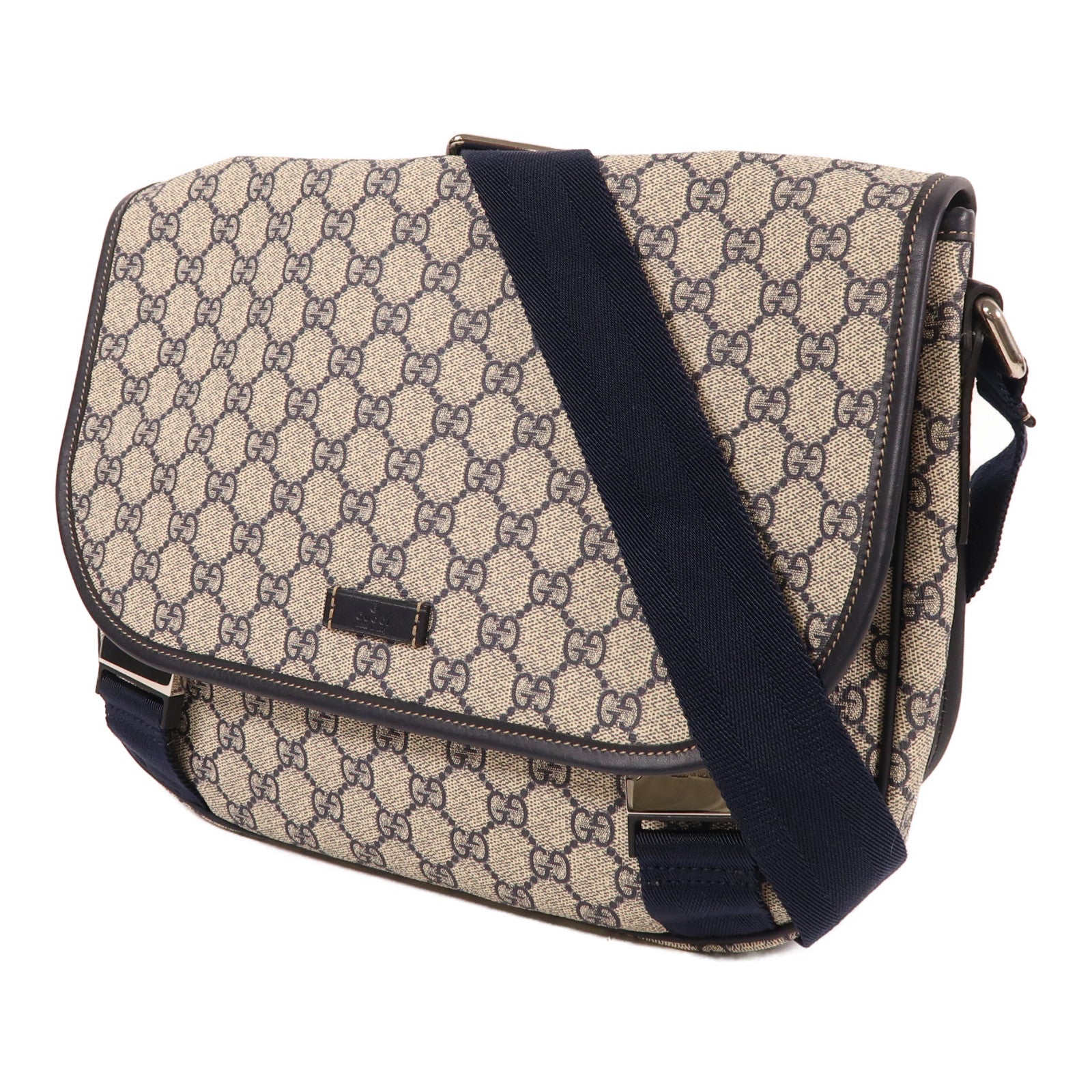 GUCCI 塗層帆布Messenger Shoulder Bag銀扣肩背袋棕色/藍色