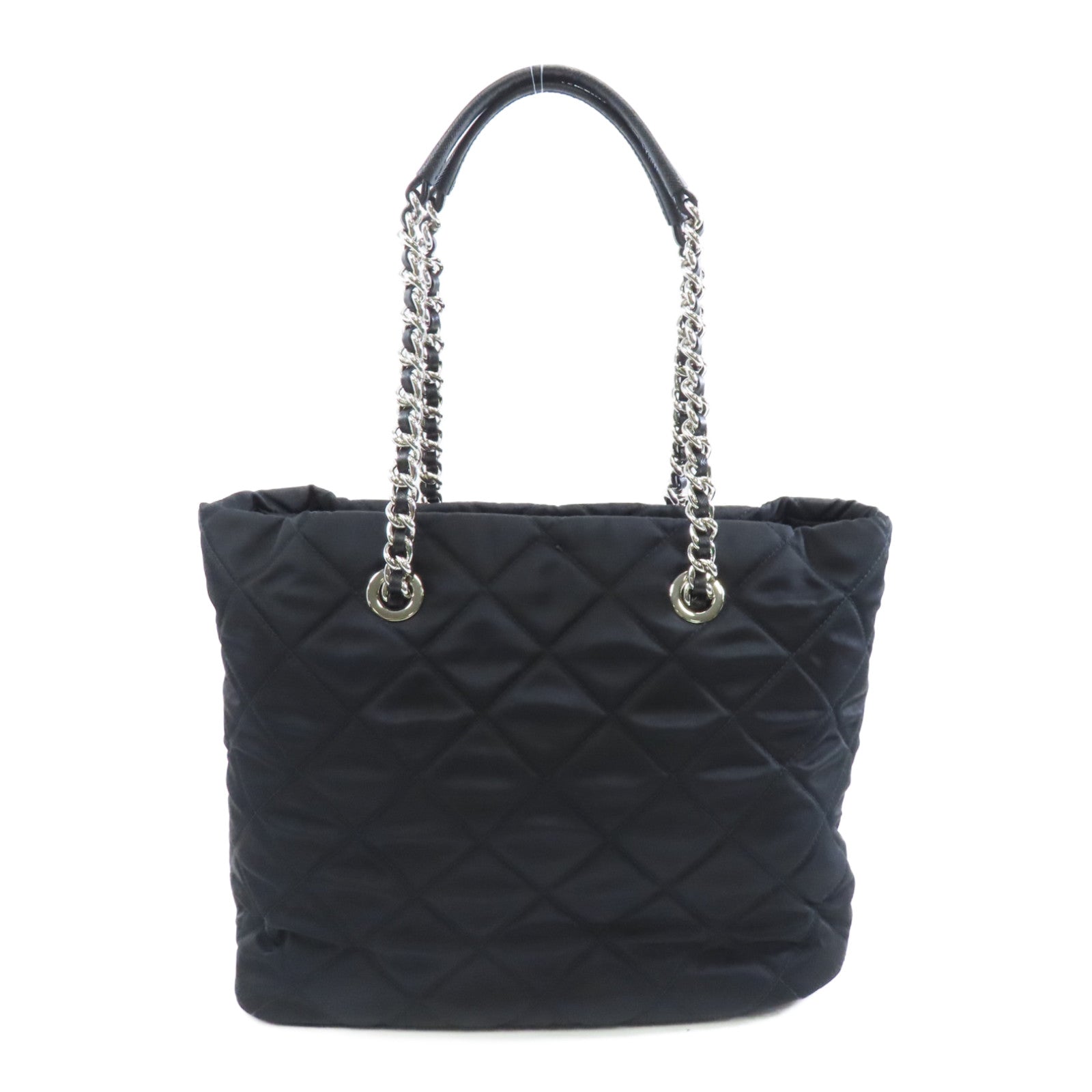 PRADA 菱格尼龍Chain Shoulder銀扣鏈帶肩背袋黑色